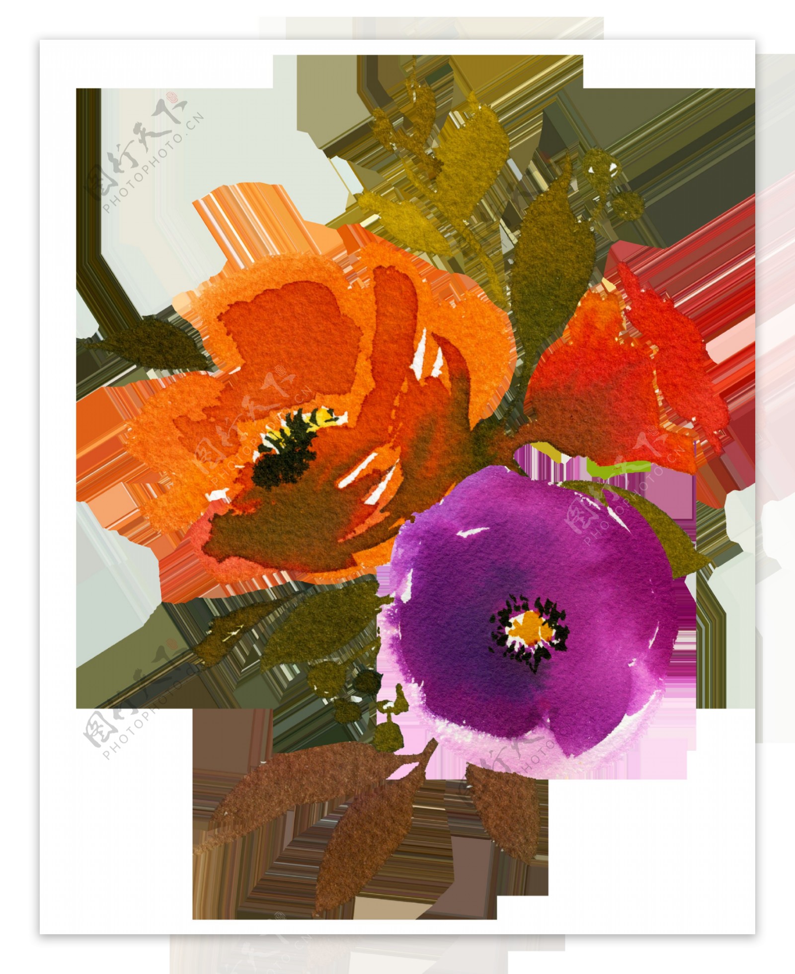 手绘三种颜色的水彩花png透明素材