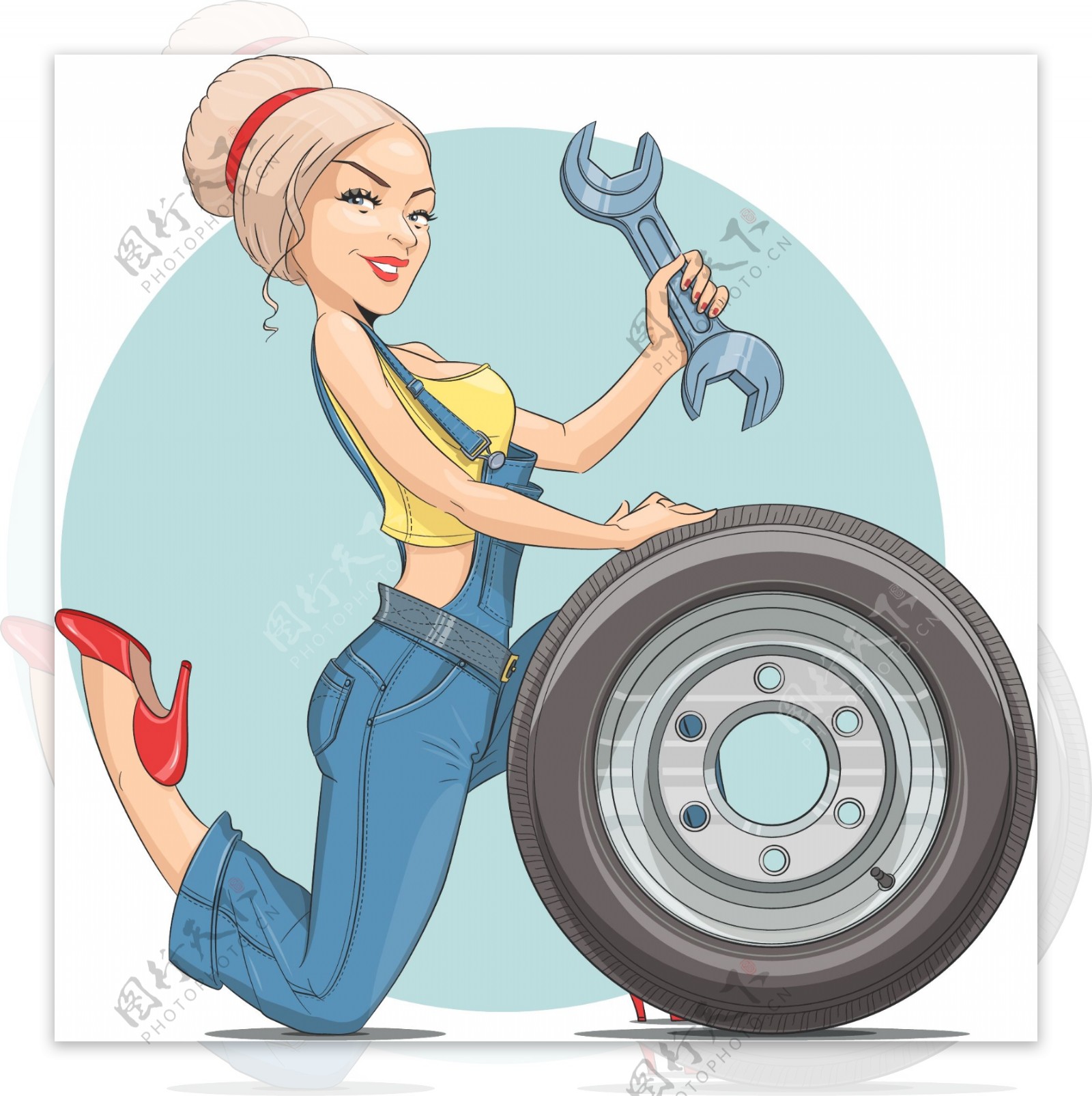 趣味女性汽车修理工插画