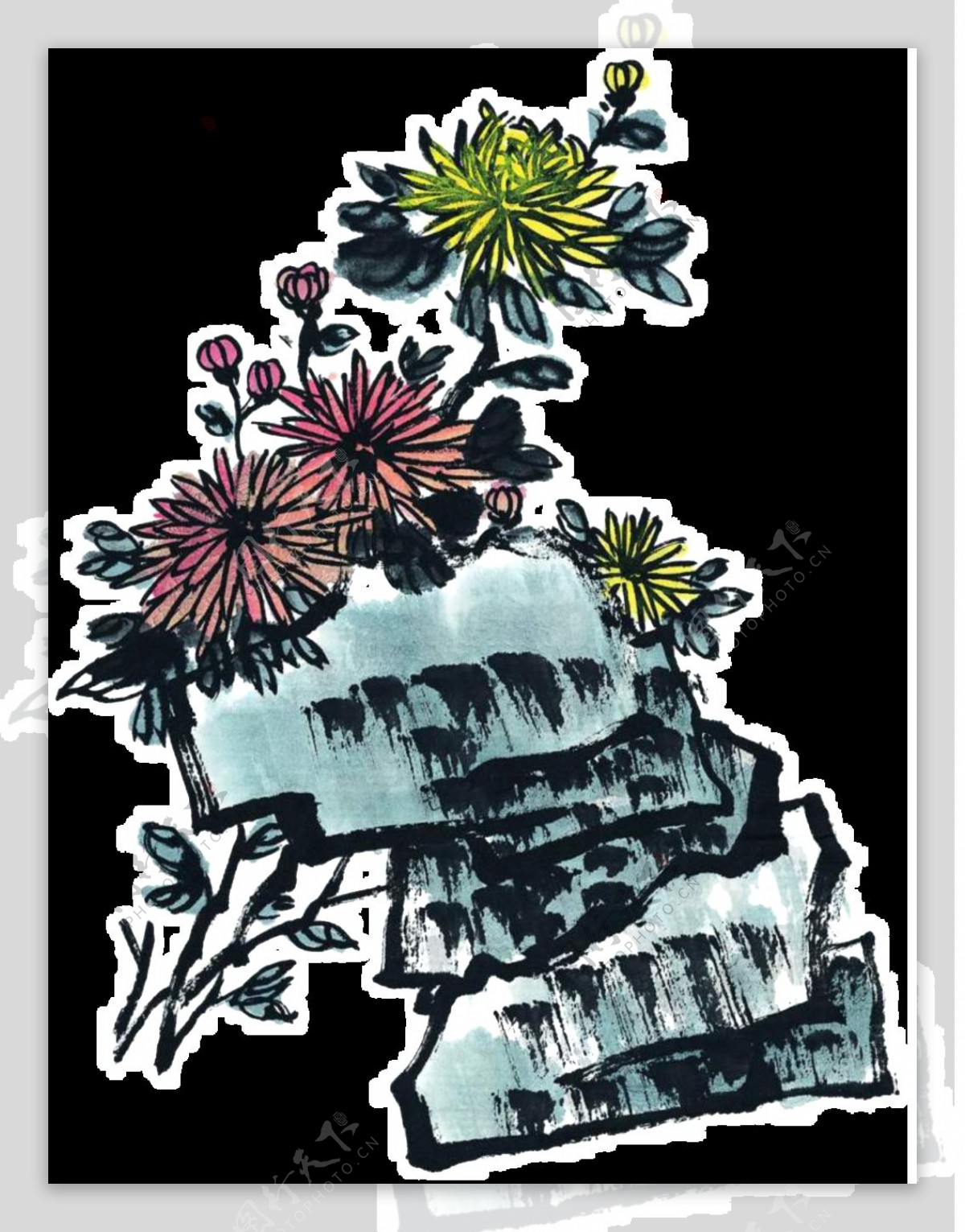 水墨植物画手绘菊花装饰元素