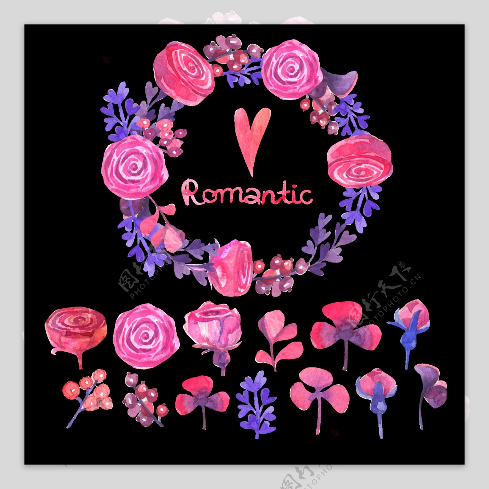 浪漫玫瑰花手绘花环装饰元素
