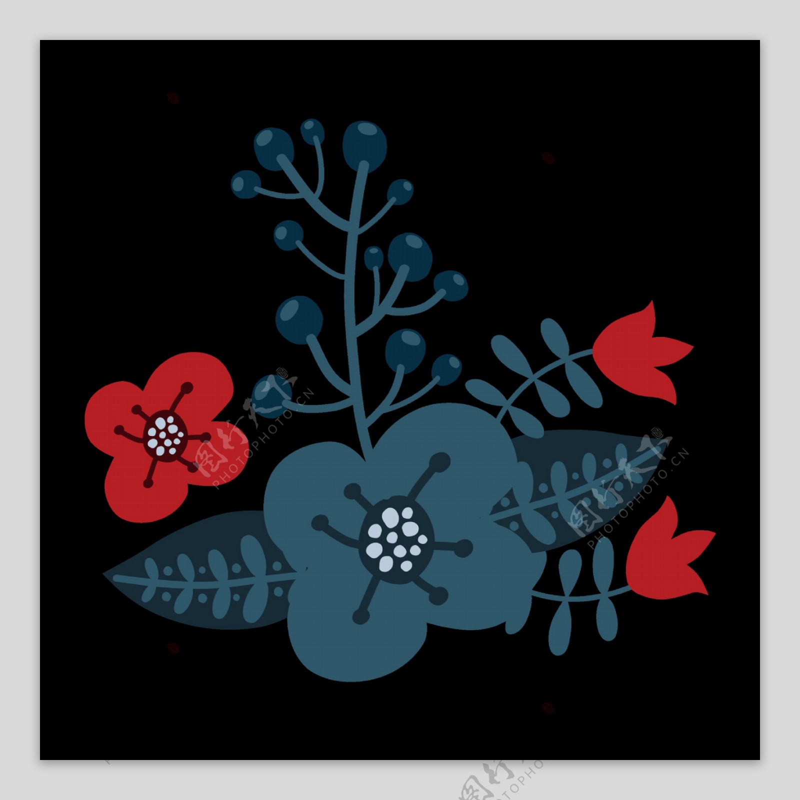 简约手绘红色蓝色花卉透明花朵素材