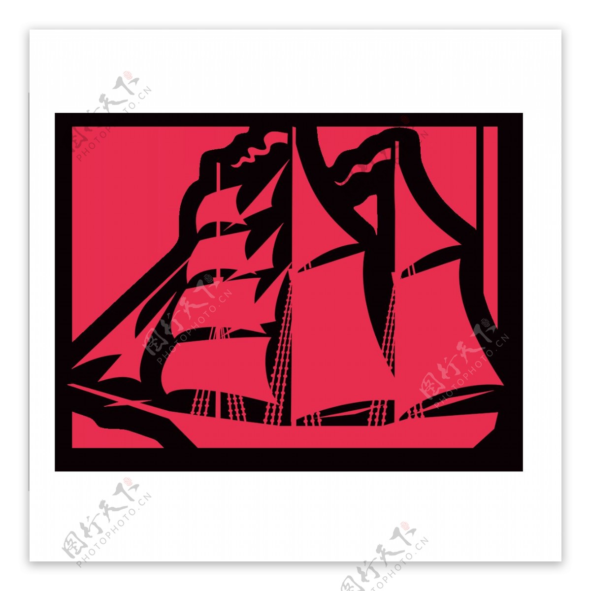 红色剪纸帆船png元素