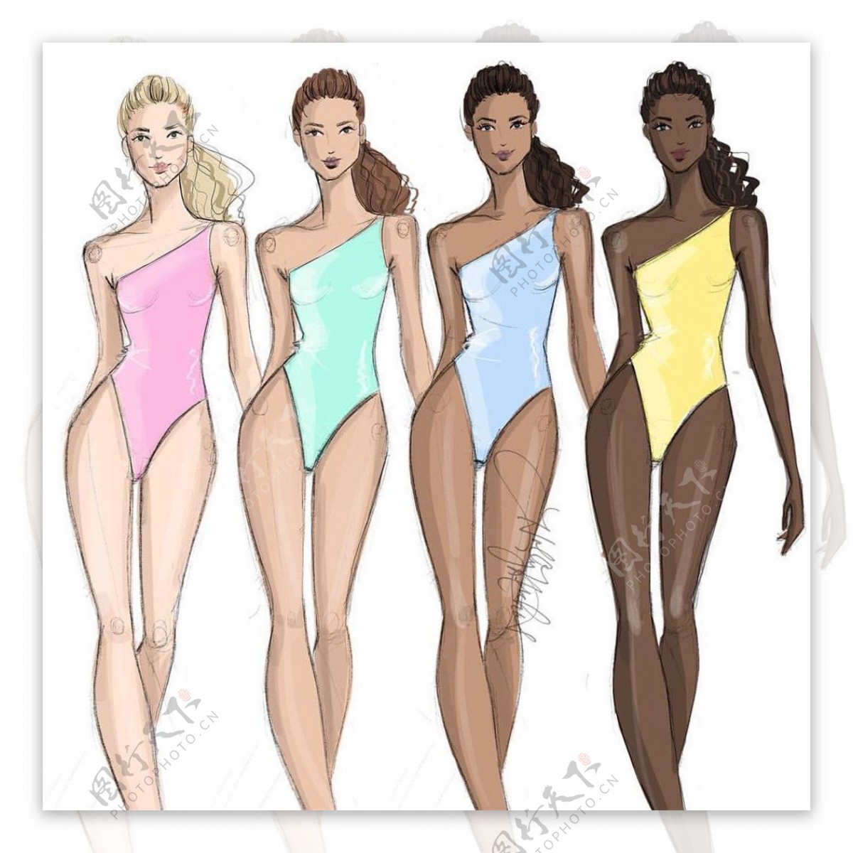 4款彩色女式泳衣设计图