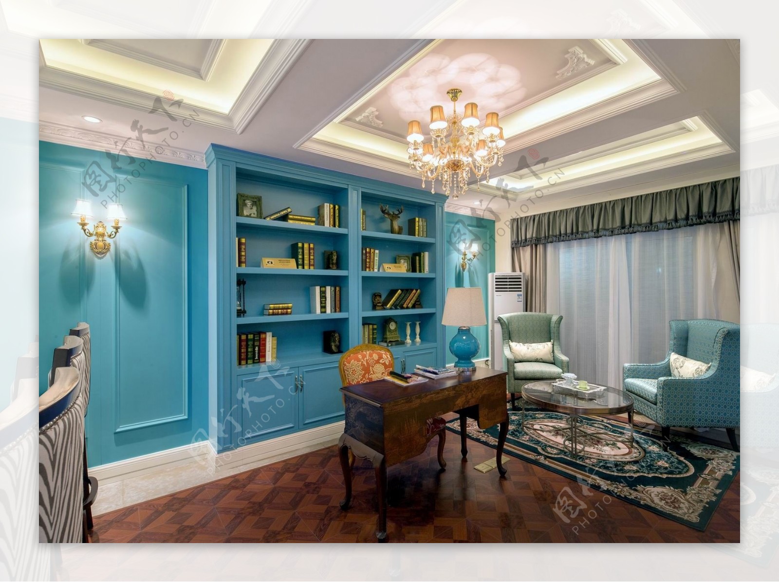 蓝色舒适美式书房装修效果图
