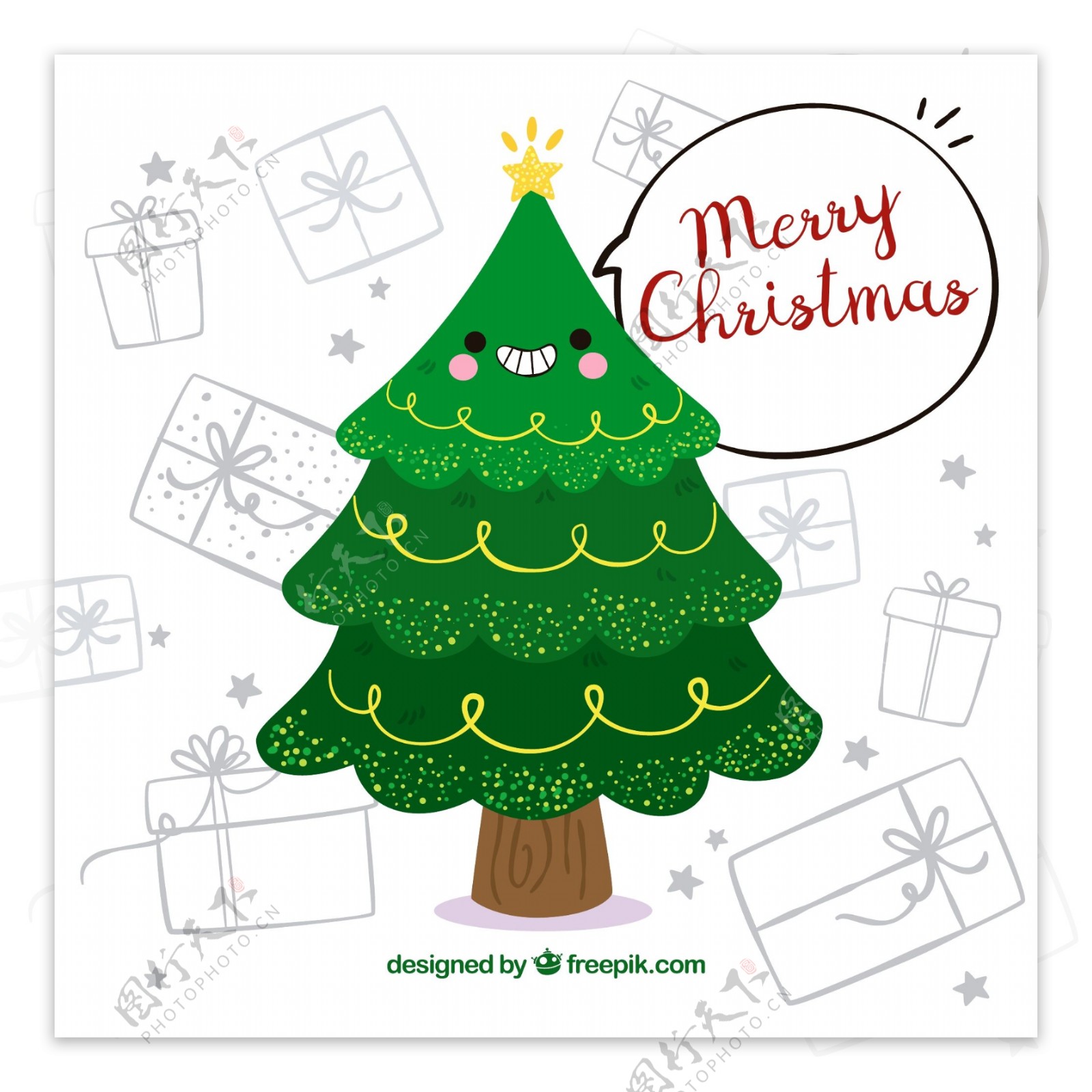 彩绘绿色笑脸圣诞树矢量素材
