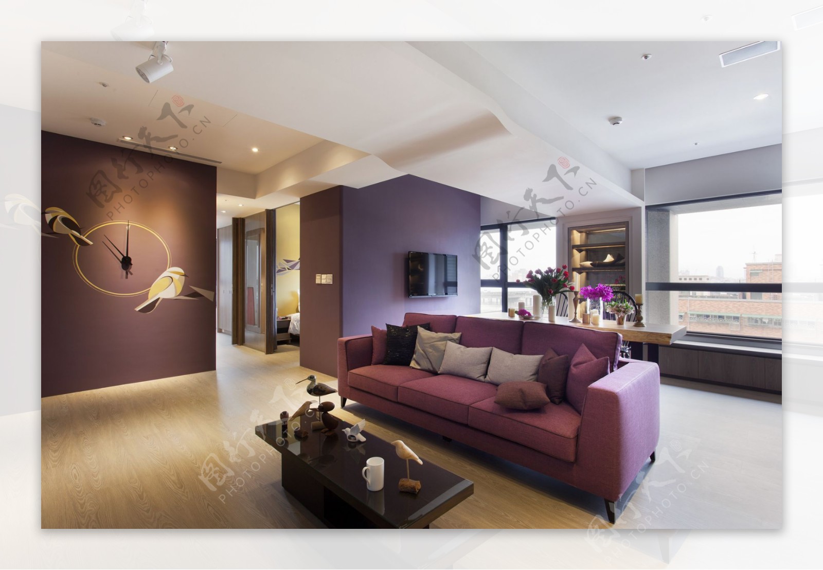 简约客厅紫色沙发装修效果图