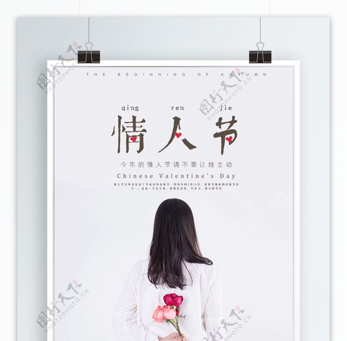 2018女性玫瑰白色简约情人节海报