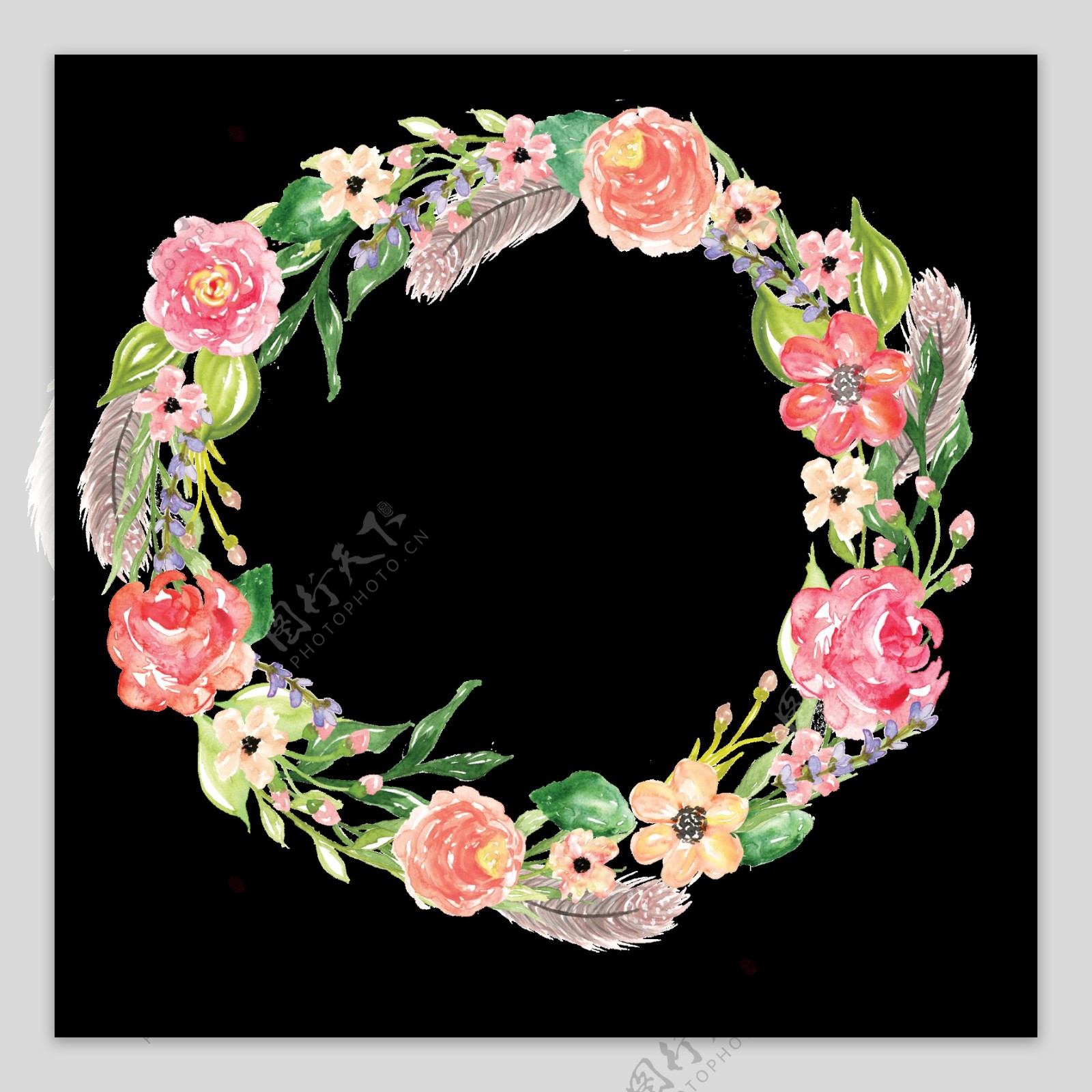 雅致粉色花朵手绘花环装饰元素