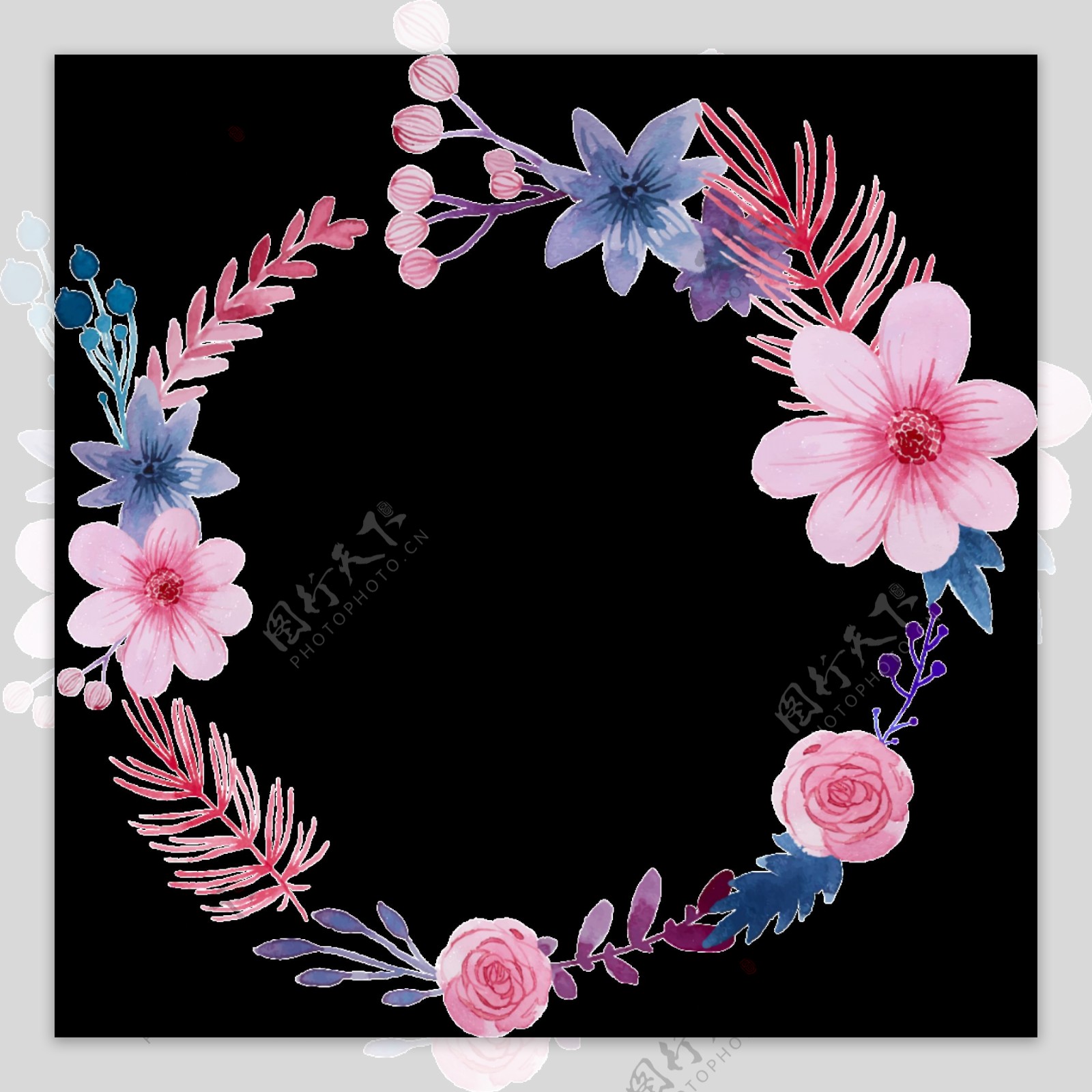 清新粉色水彩花朵手绘花环装饰元素