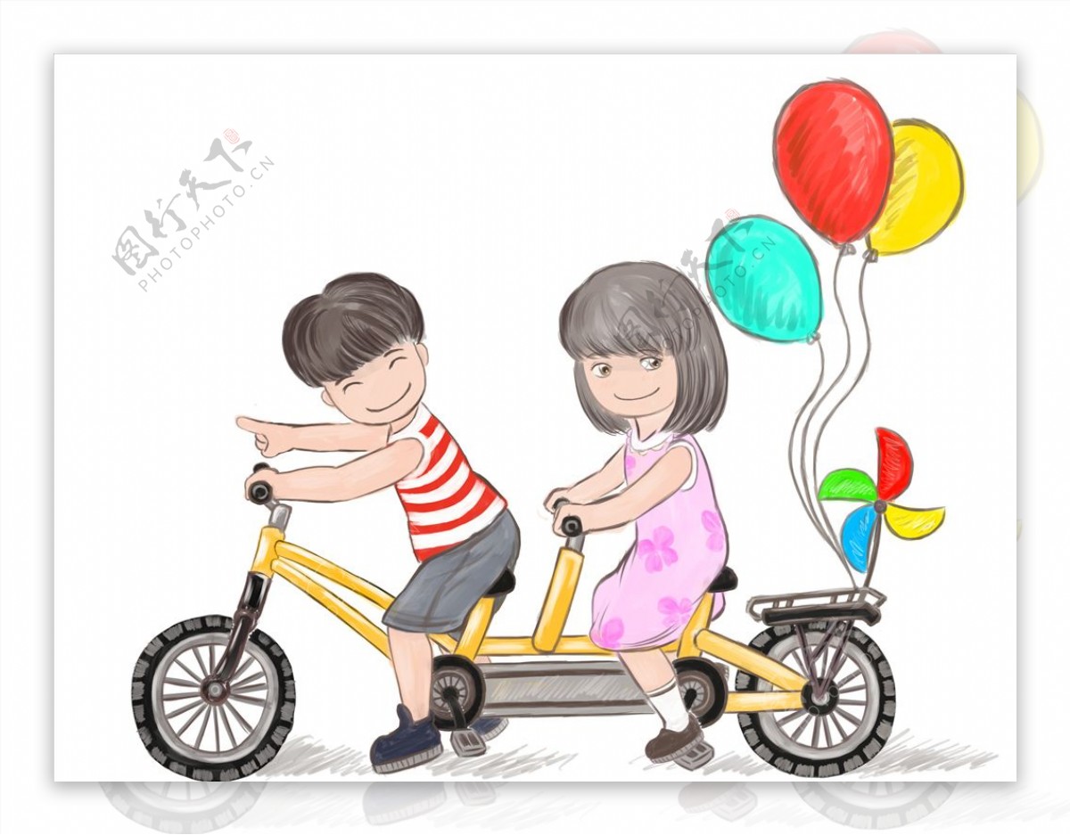 手绘水彩双人自行车