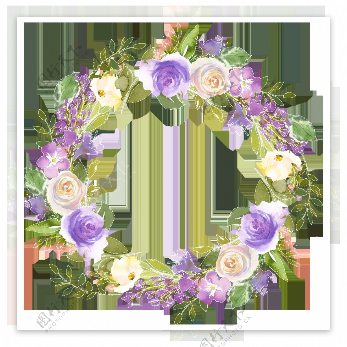 水彩白紫花环PNG透明素材