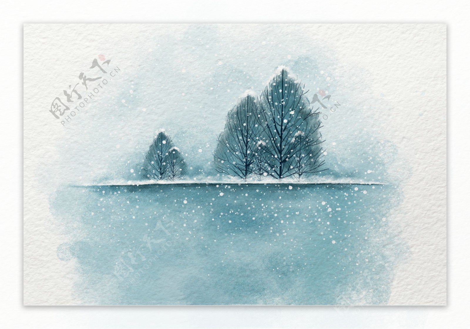 唯美手绘水彩雪景无分层