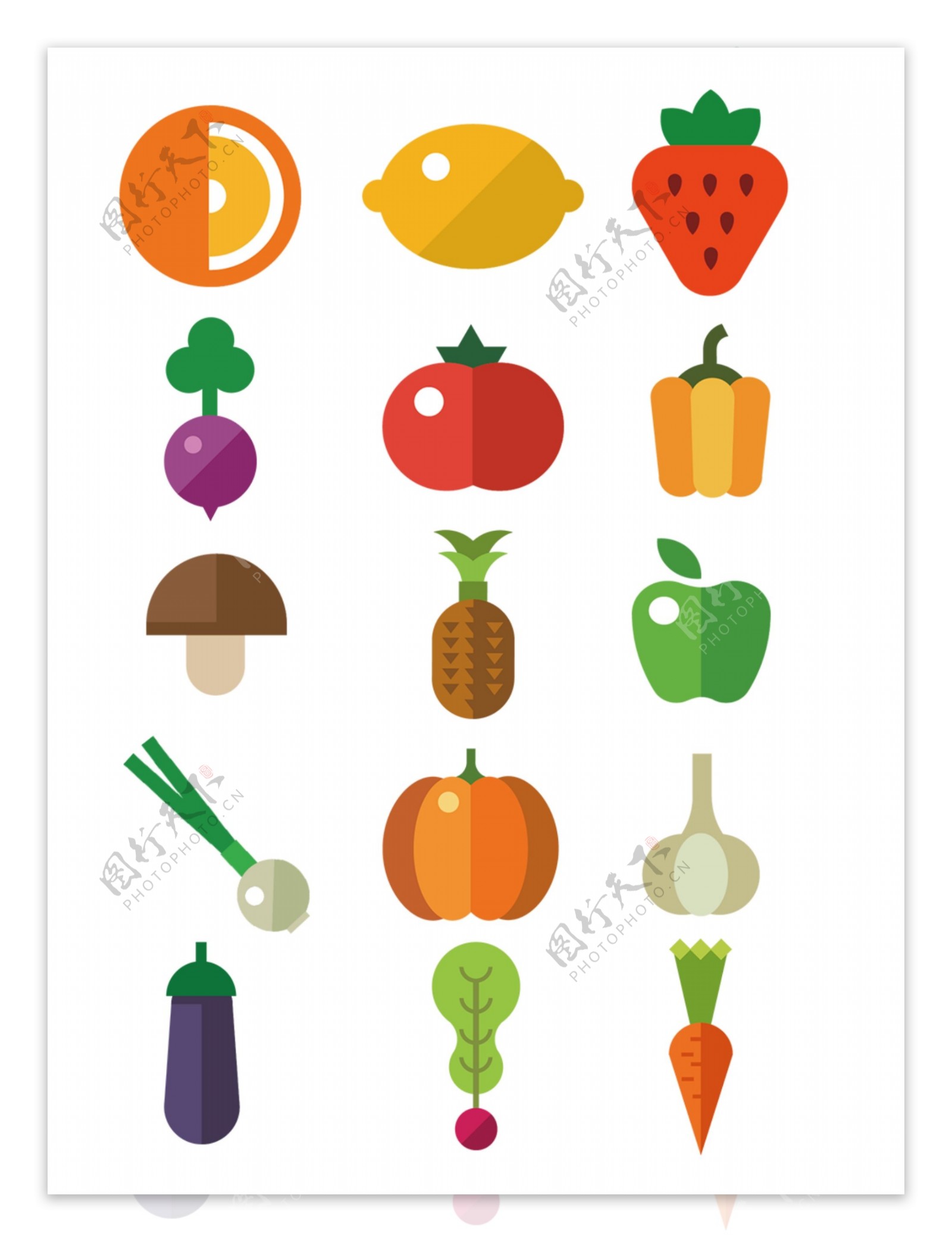 扁平化手绘蔬菜水果素材