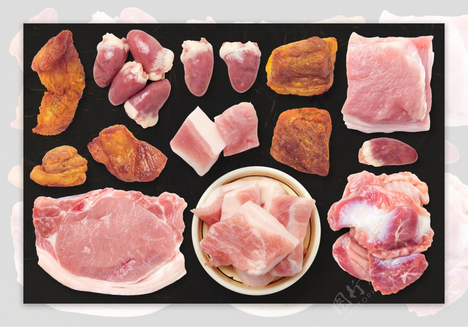 高清实拍猪肉猪心腊肉食物素材
