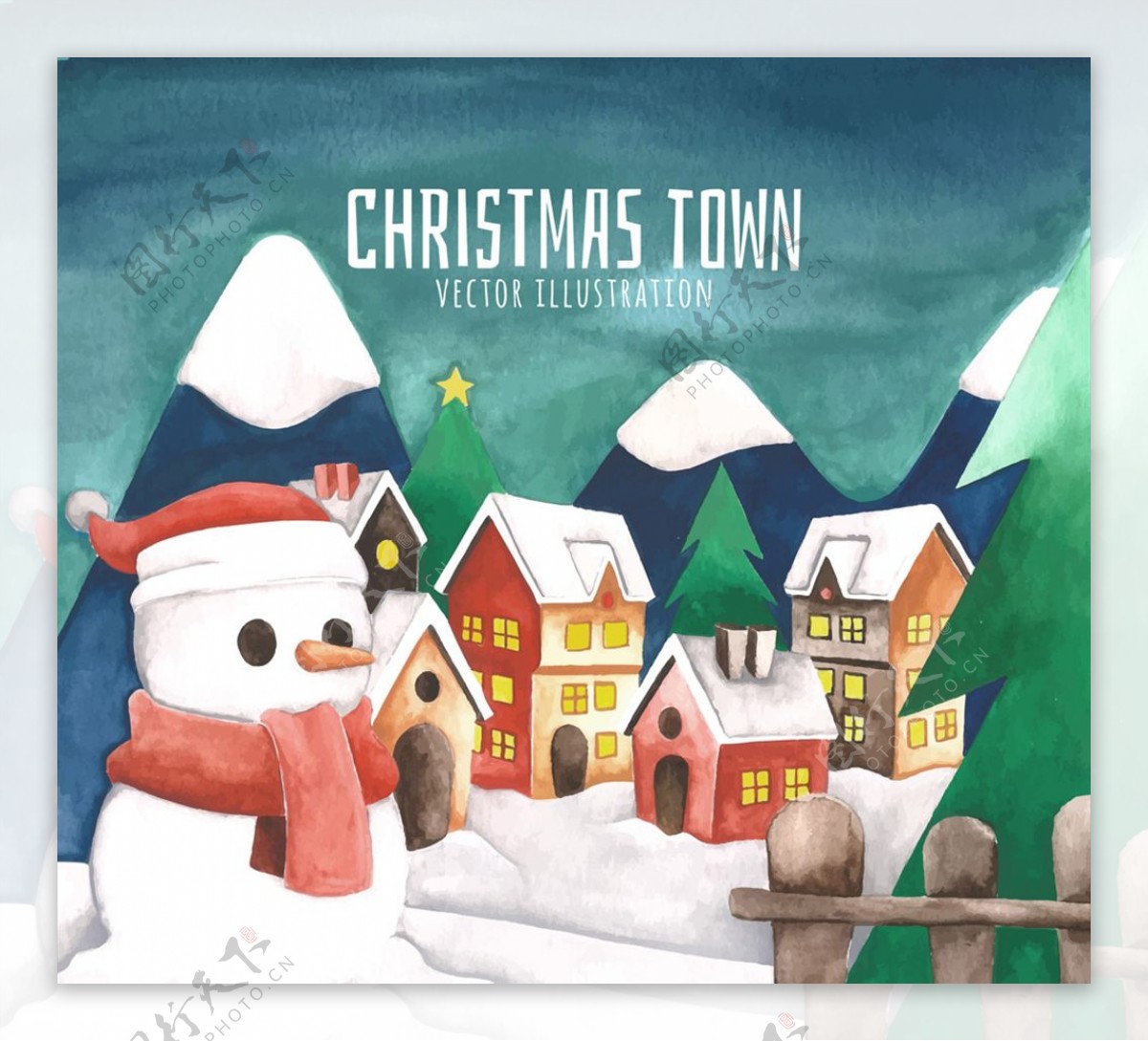 水彩绘圣诞小镇和雪人矢量图