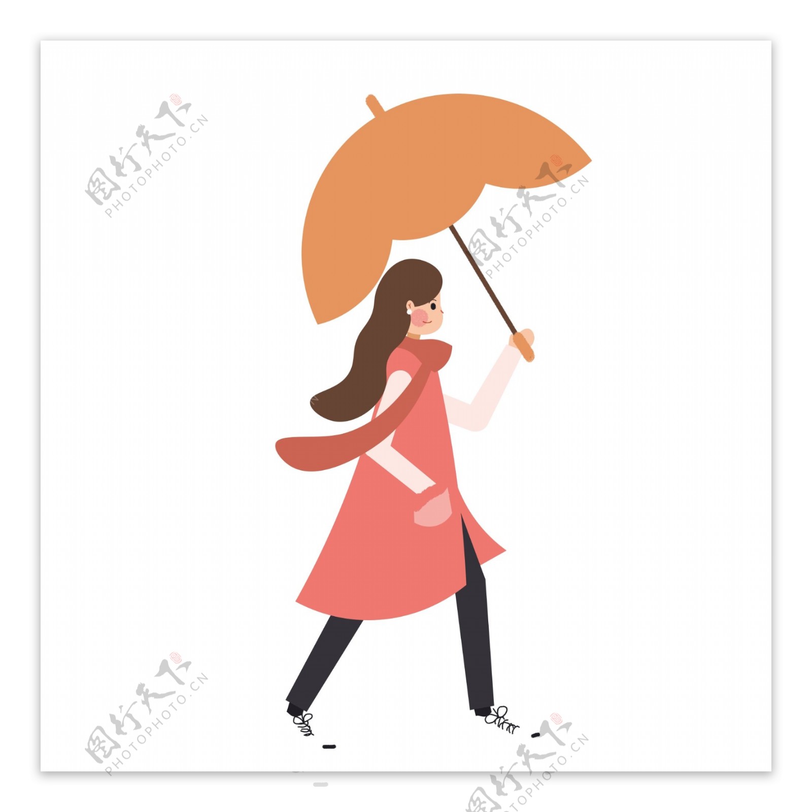 手绘卡通撑雨伞迎风走路的长发美女