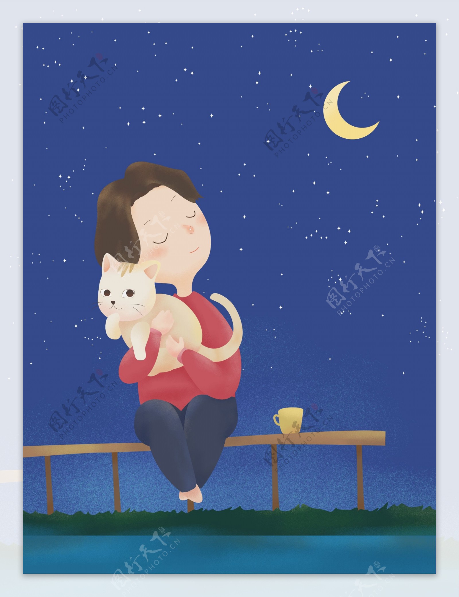 坐在长椅上抱着猫咪的人物海报背景