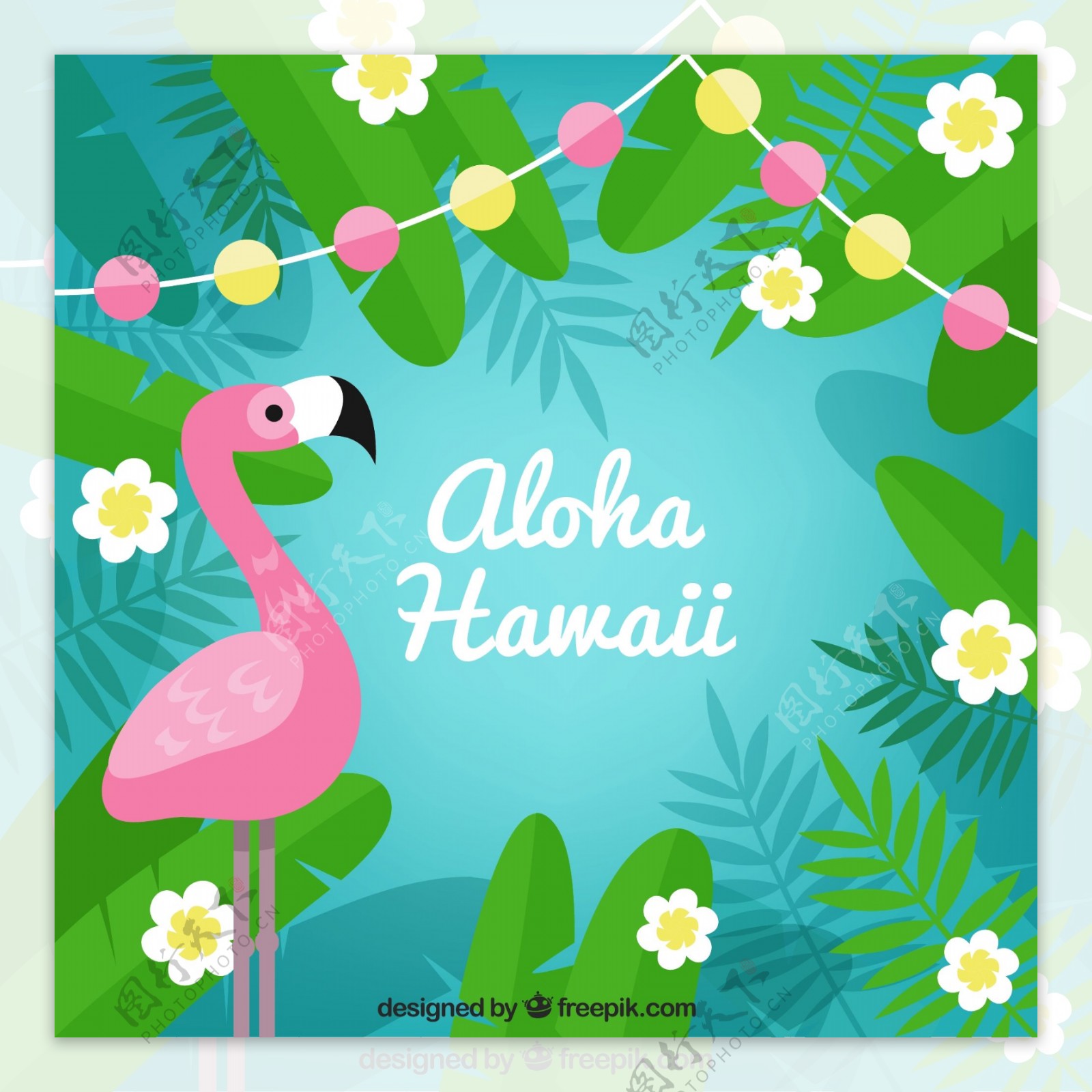 彩色夏威夷火烈鸟和花草