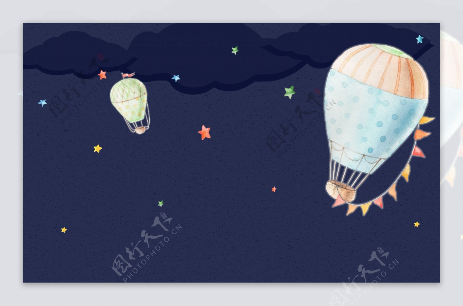 星空热气球卡通手绘儿童房背景墙