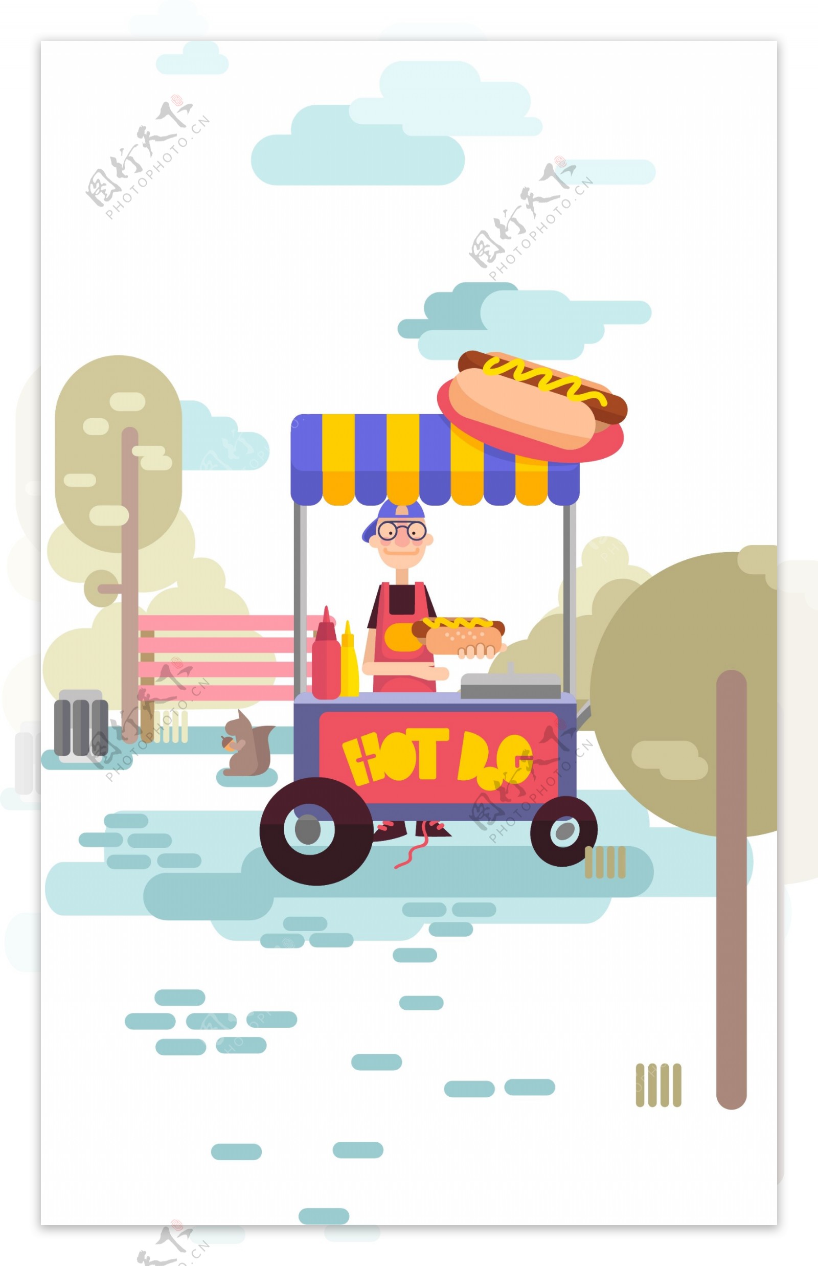 扁平卡通的快餐车插画