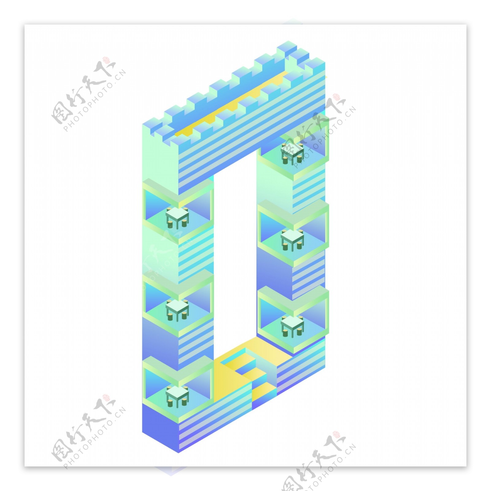 2.5D风格渐变数字0凳子桌子楼梯元素