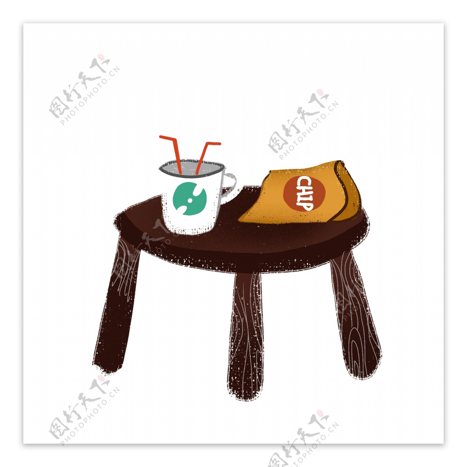 手绘桌子上的饮料和零食可商用元素