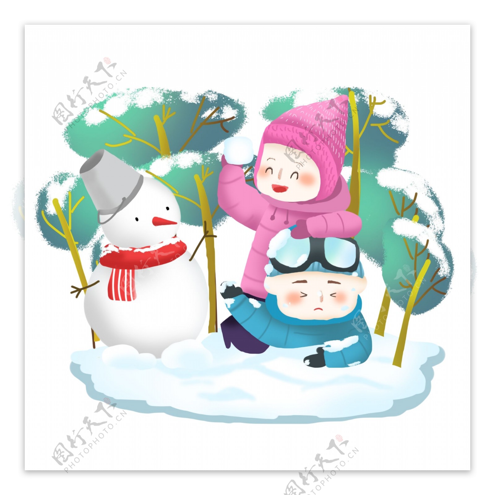 冬季打雪仗卡通儿童可商用场景插画2