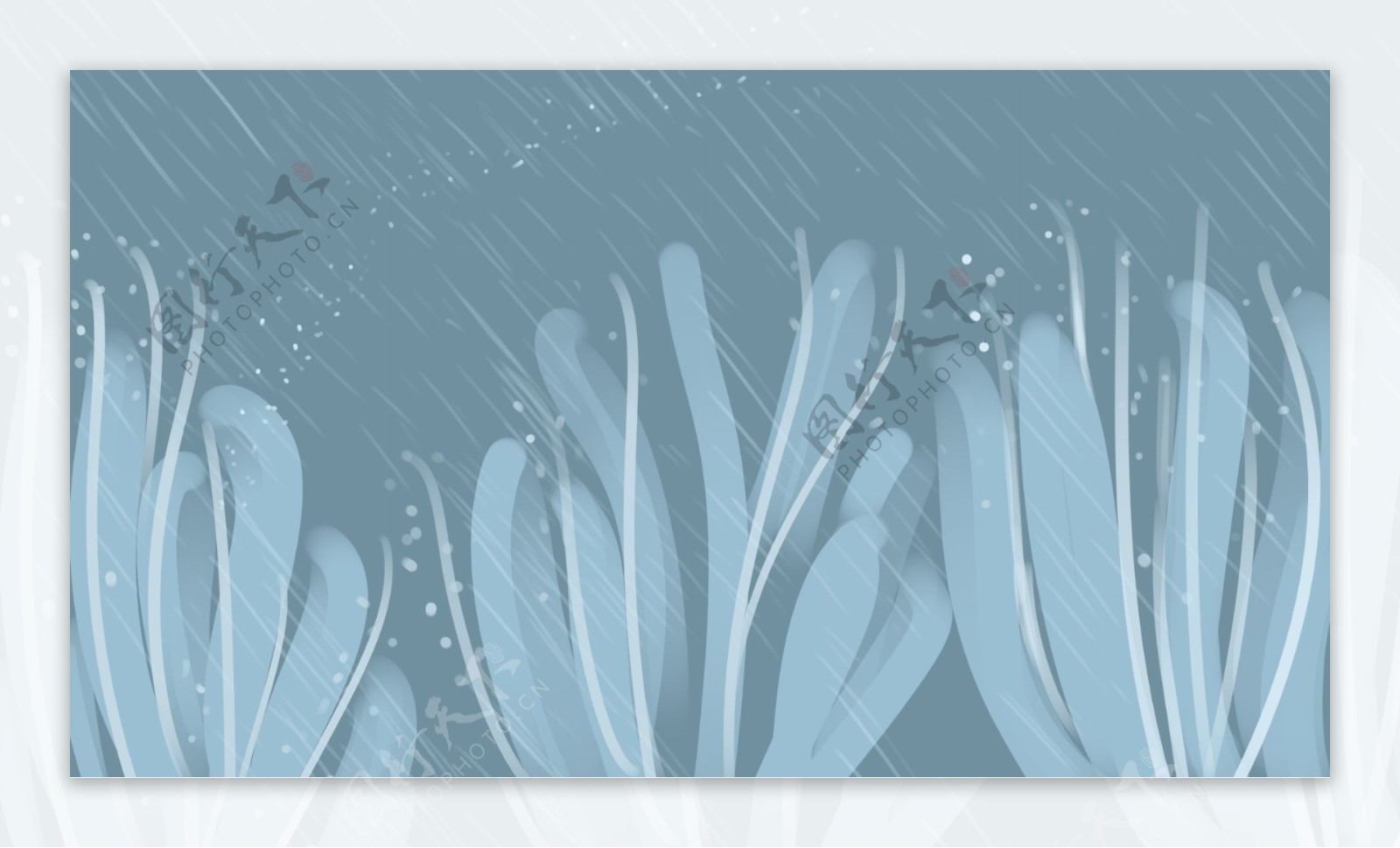 蓝色花叶斜雨卡通背景