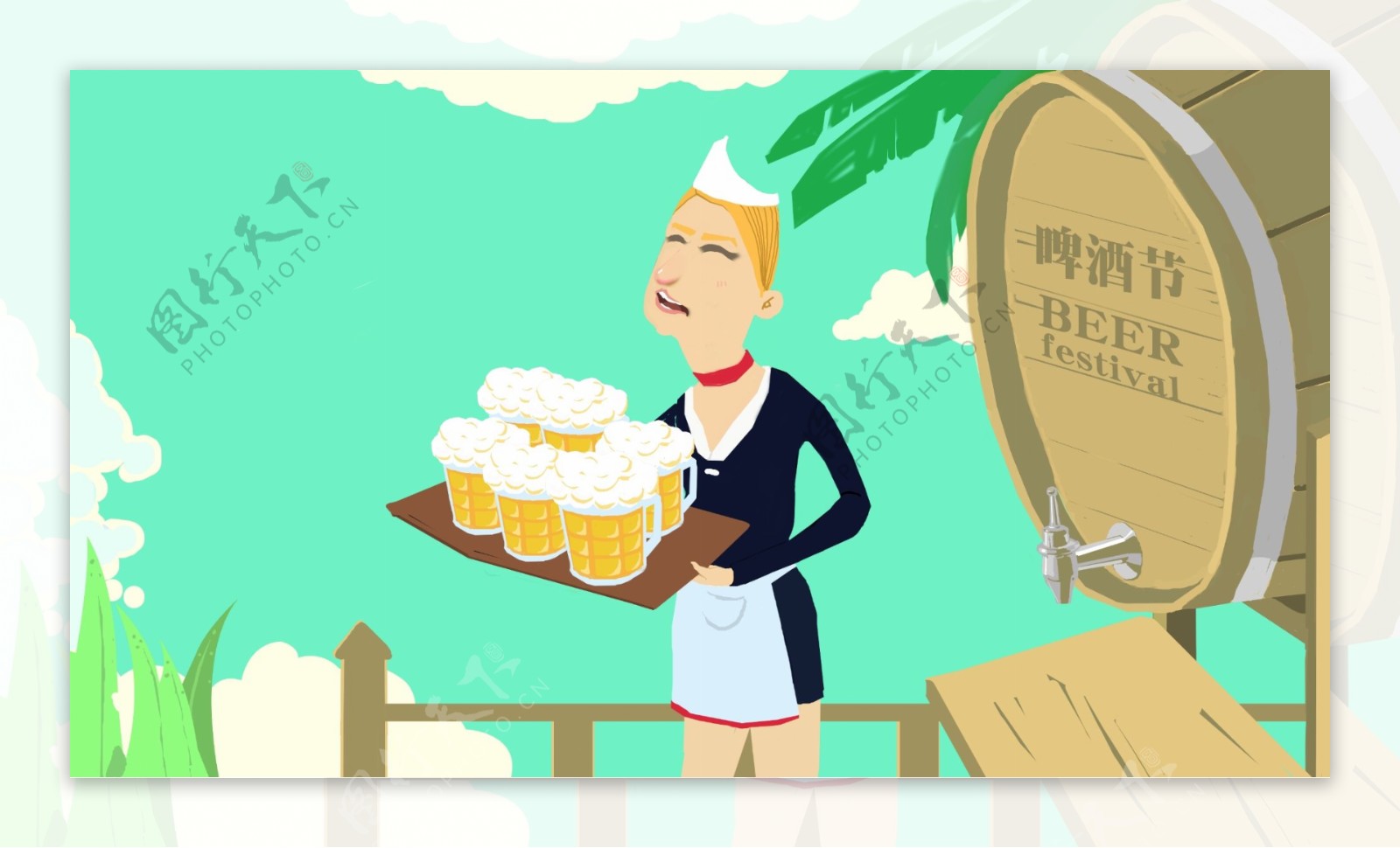 啤酒桶端啤酒的服务员卡通背景