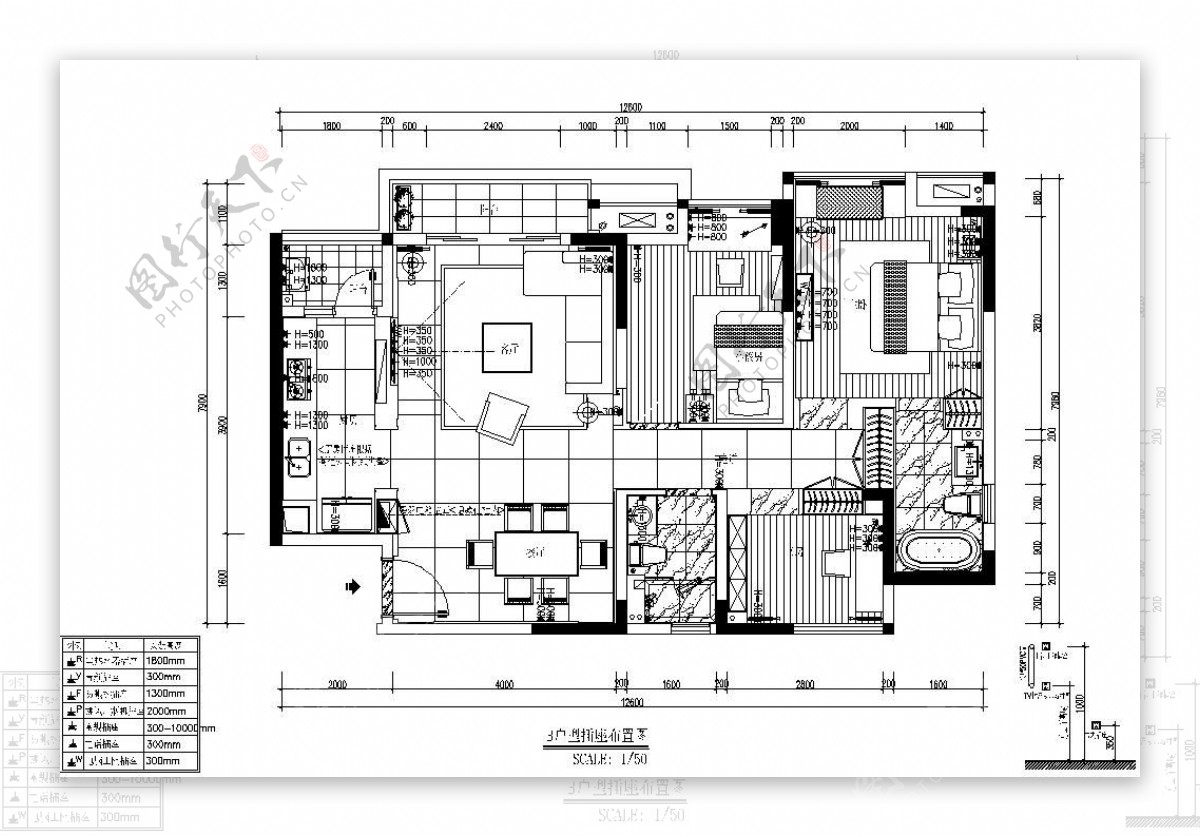 欧式风格三室一厅平面施工图