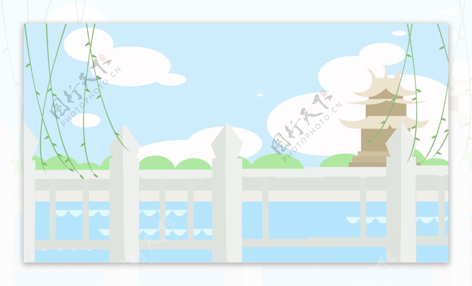 栏杆河流柳枝条高塔背景