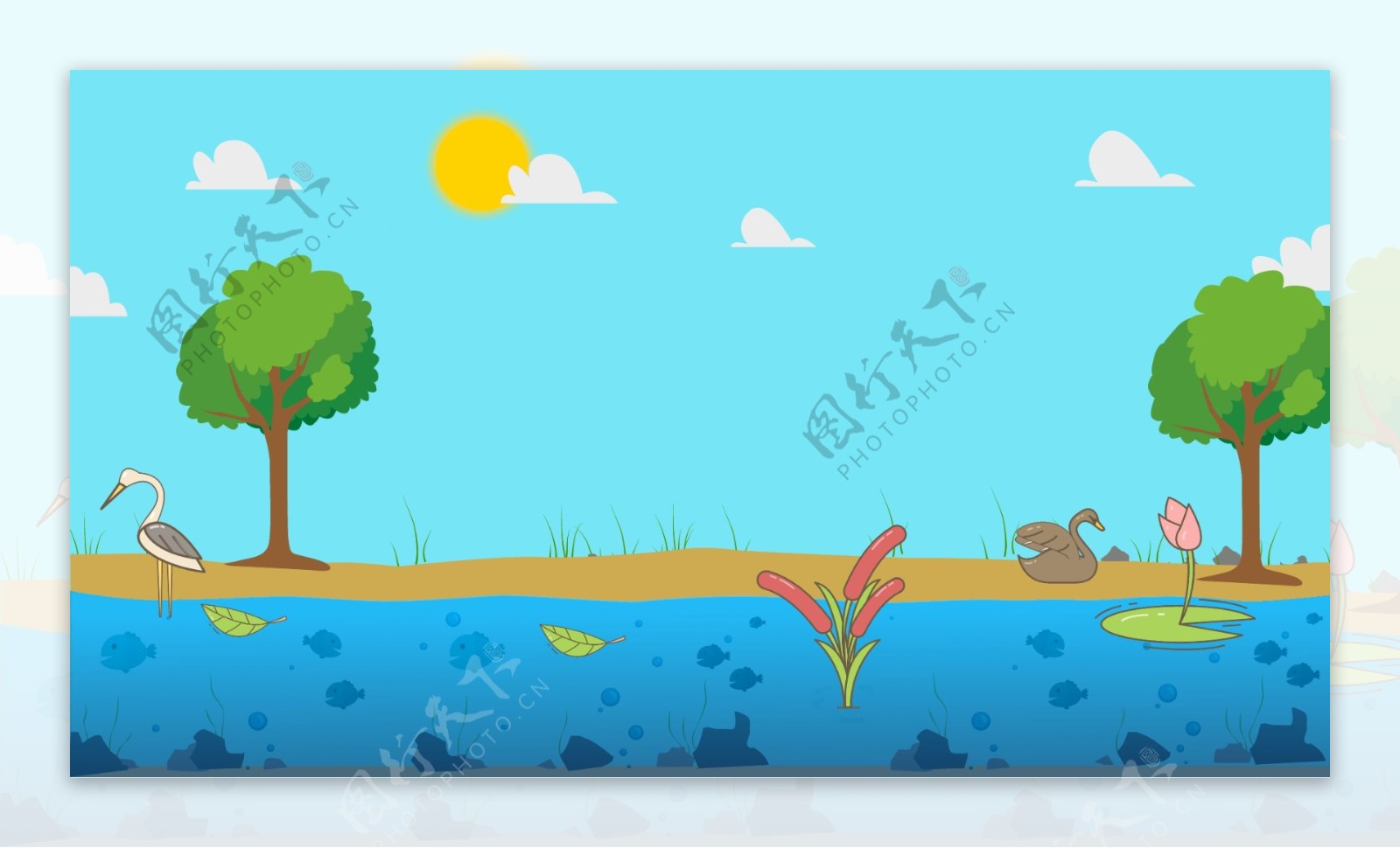 夏日河水湖泊卡通彩色背景