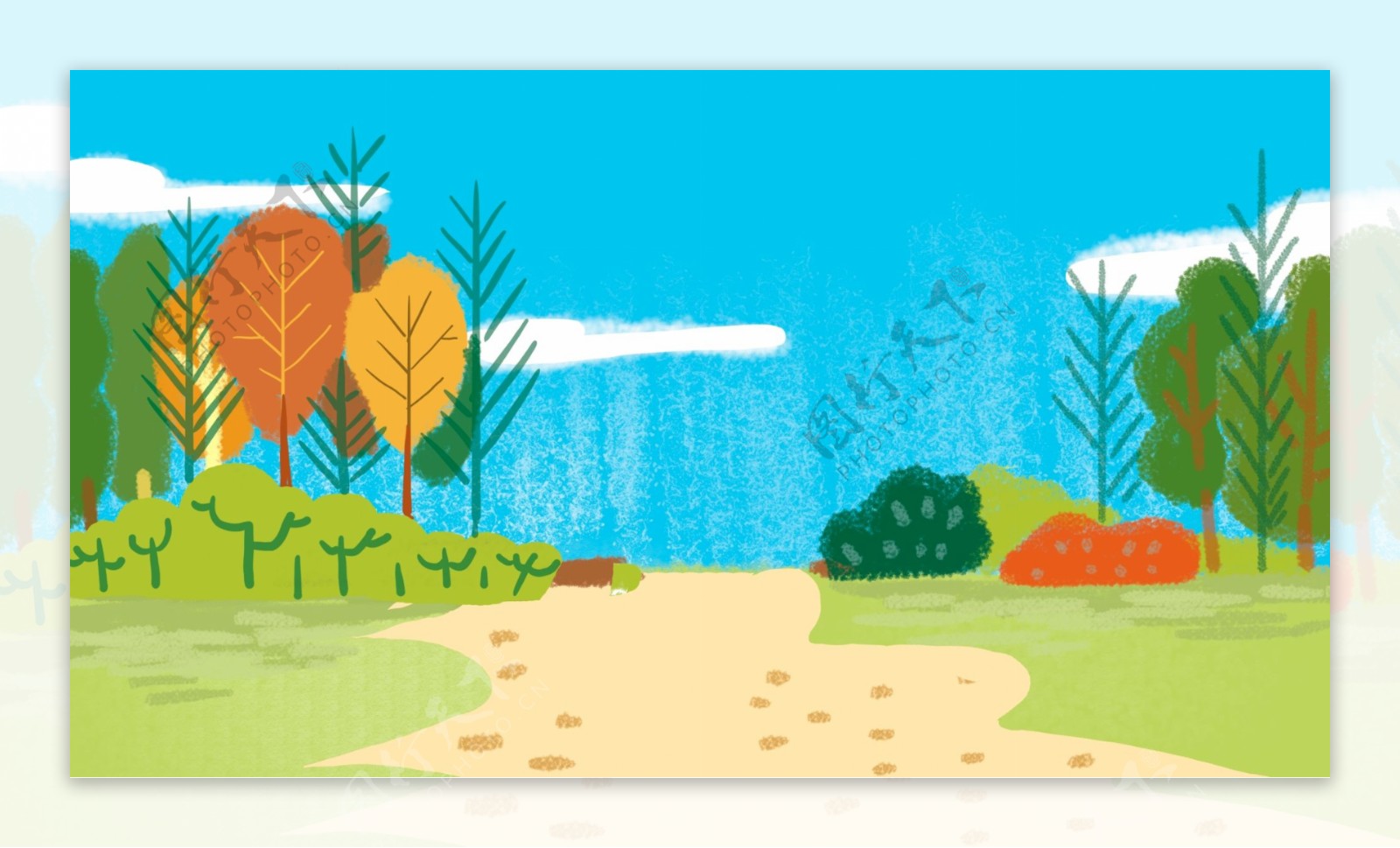 夏日树林卡通彩色背景图