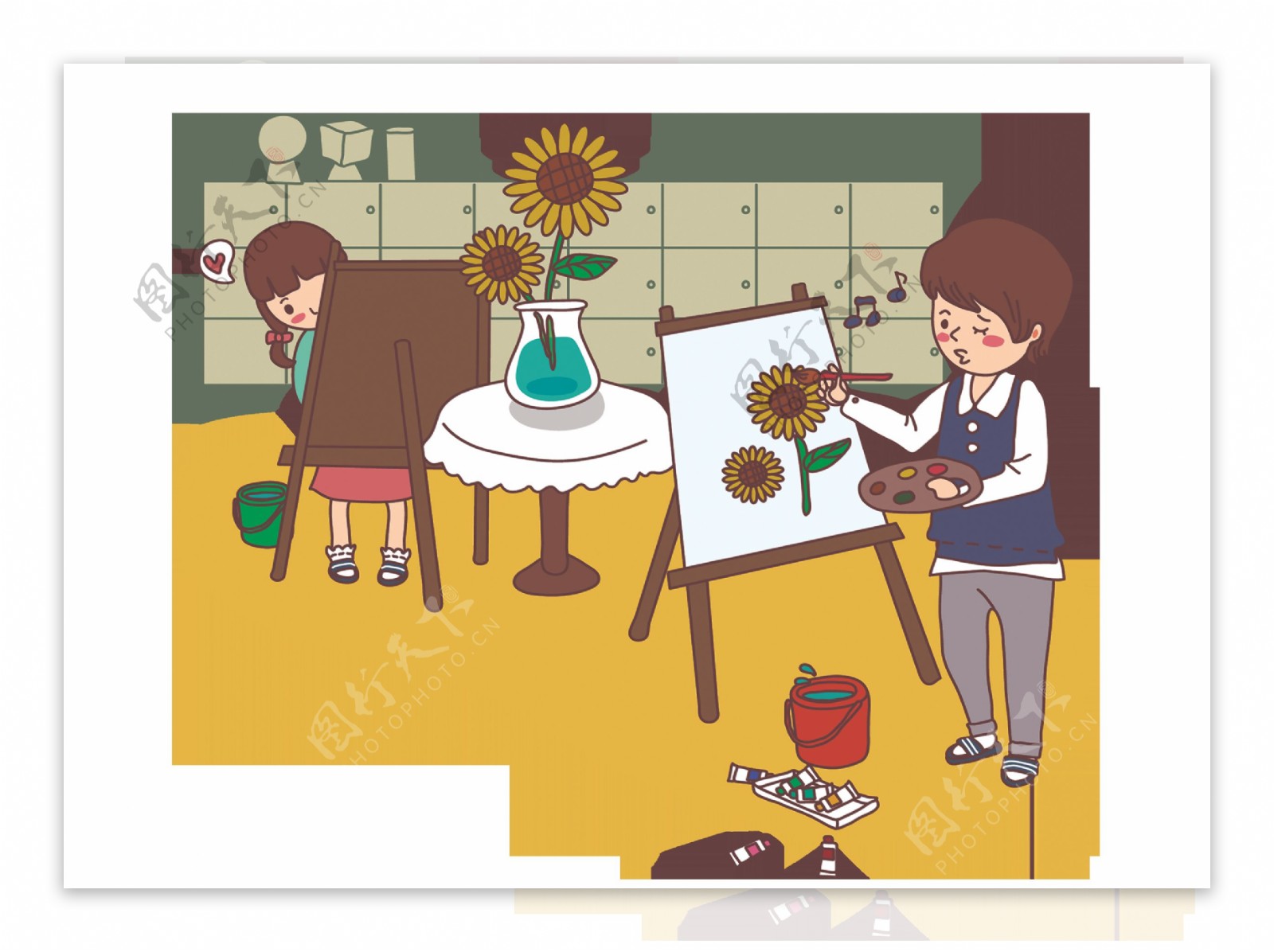 卡通男孩女孩在画板上画向日葵png元素