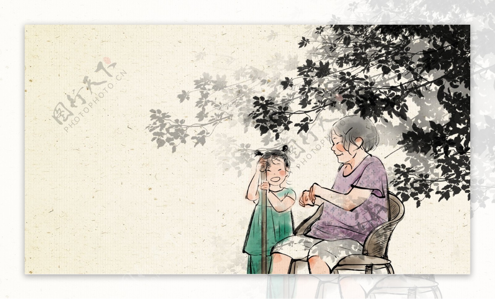 彩绘处暑节气树下乘凉的女孩与奶奶背景素材