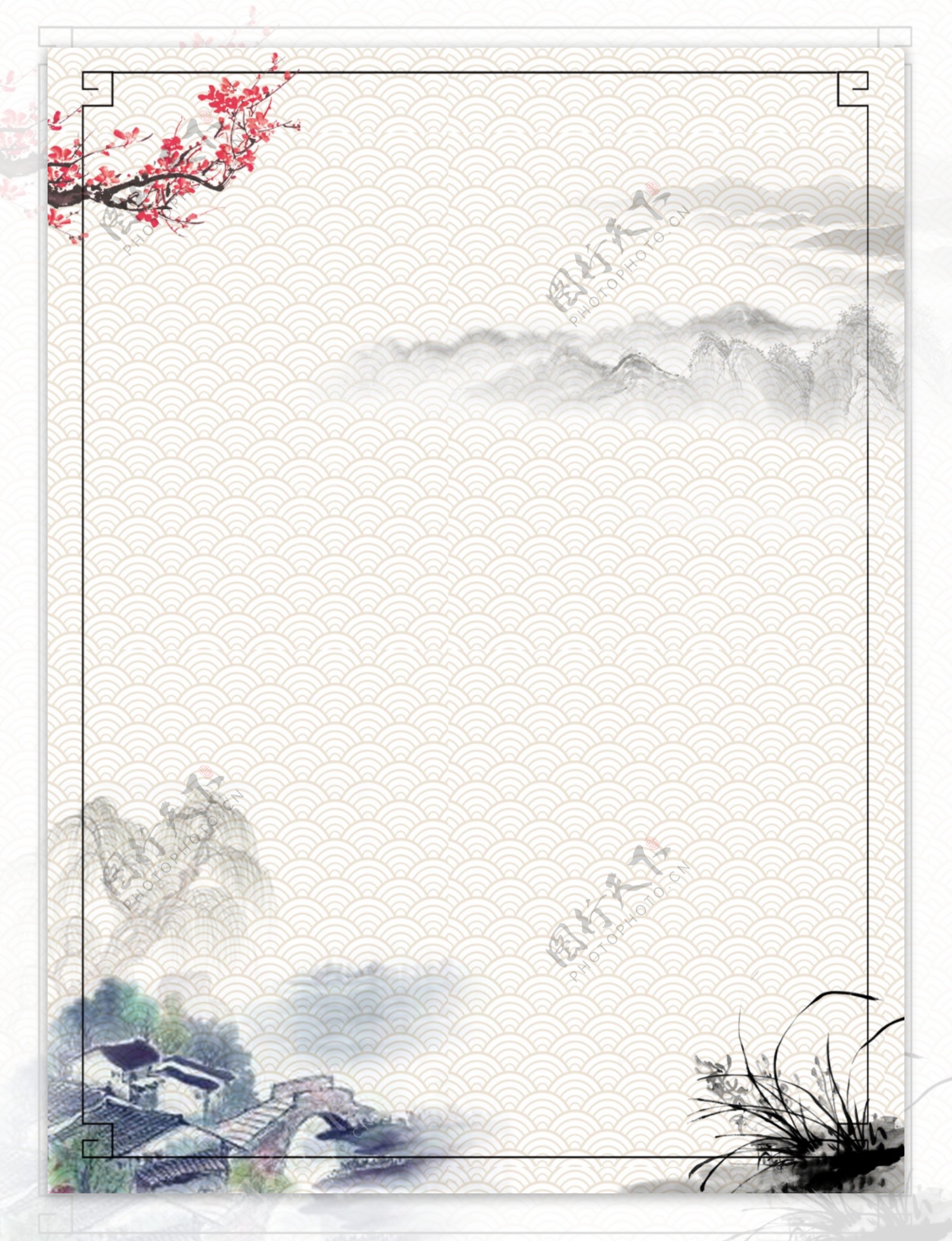 简约中国风山水画背景矢量插图