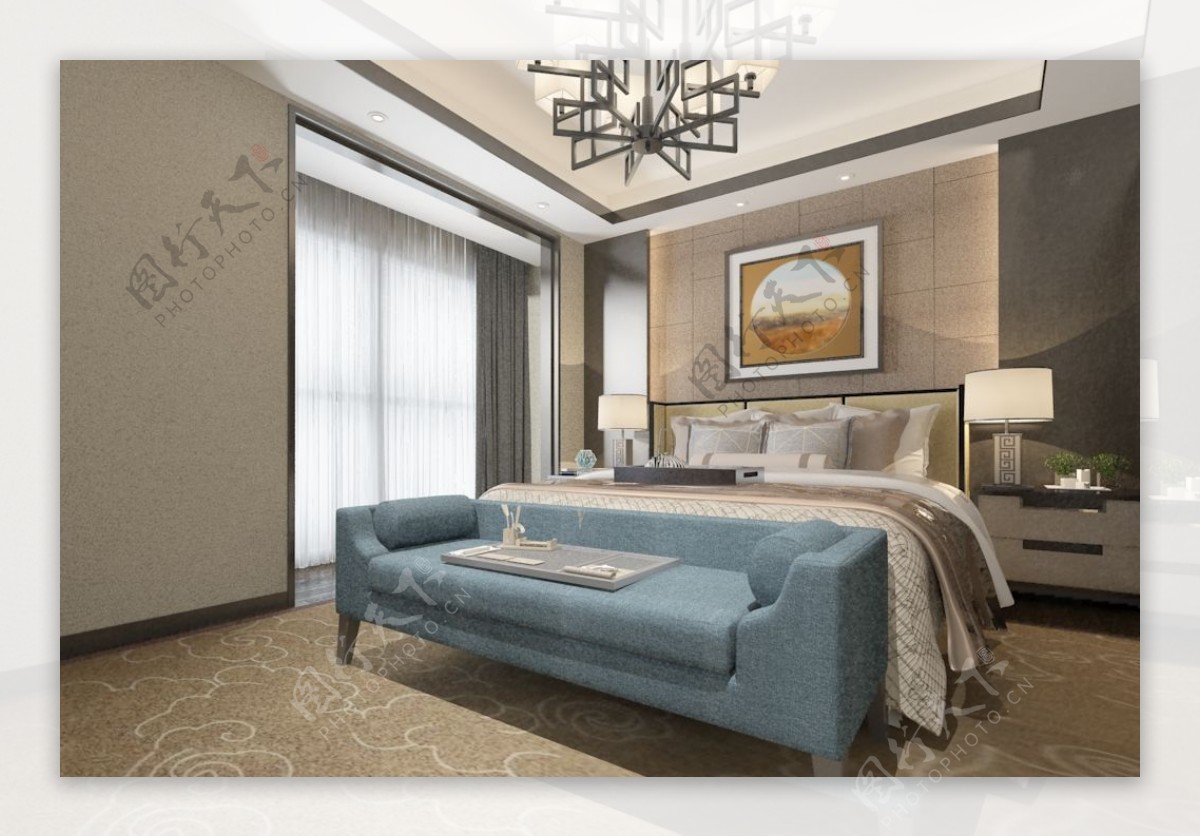 现代新中式轻奢卧室吊顶背景墙地毯挂画