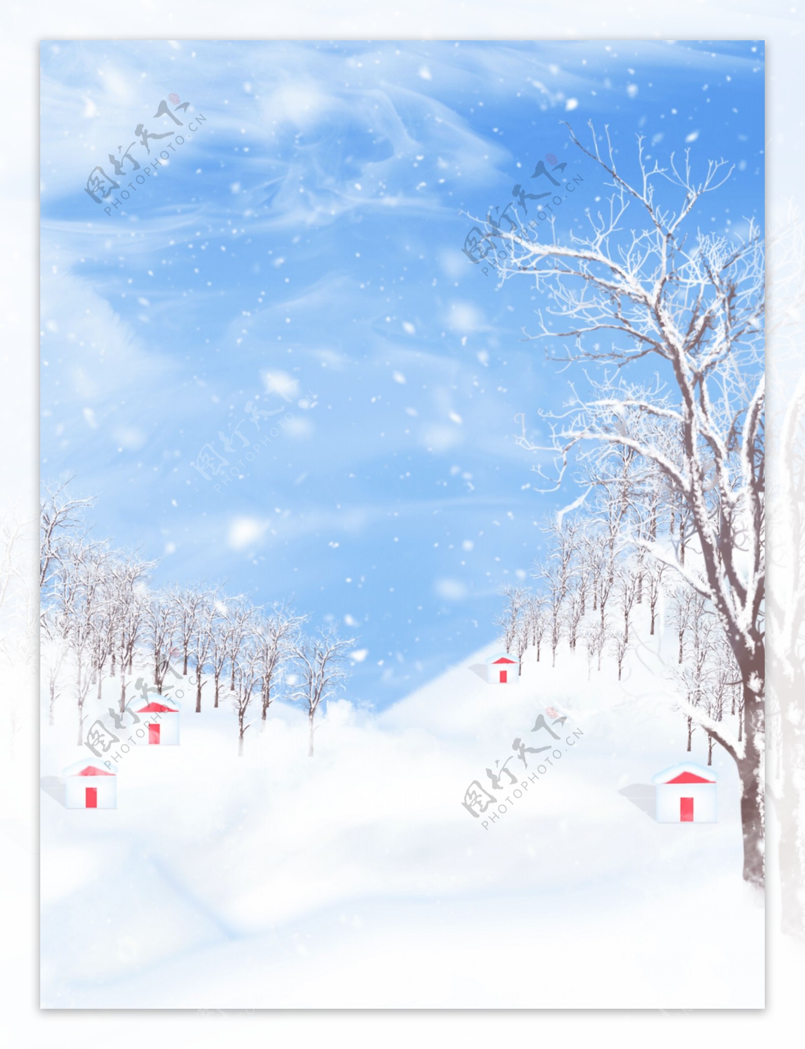 纯原创手绘小清新冬天的雪山满山枯树背景