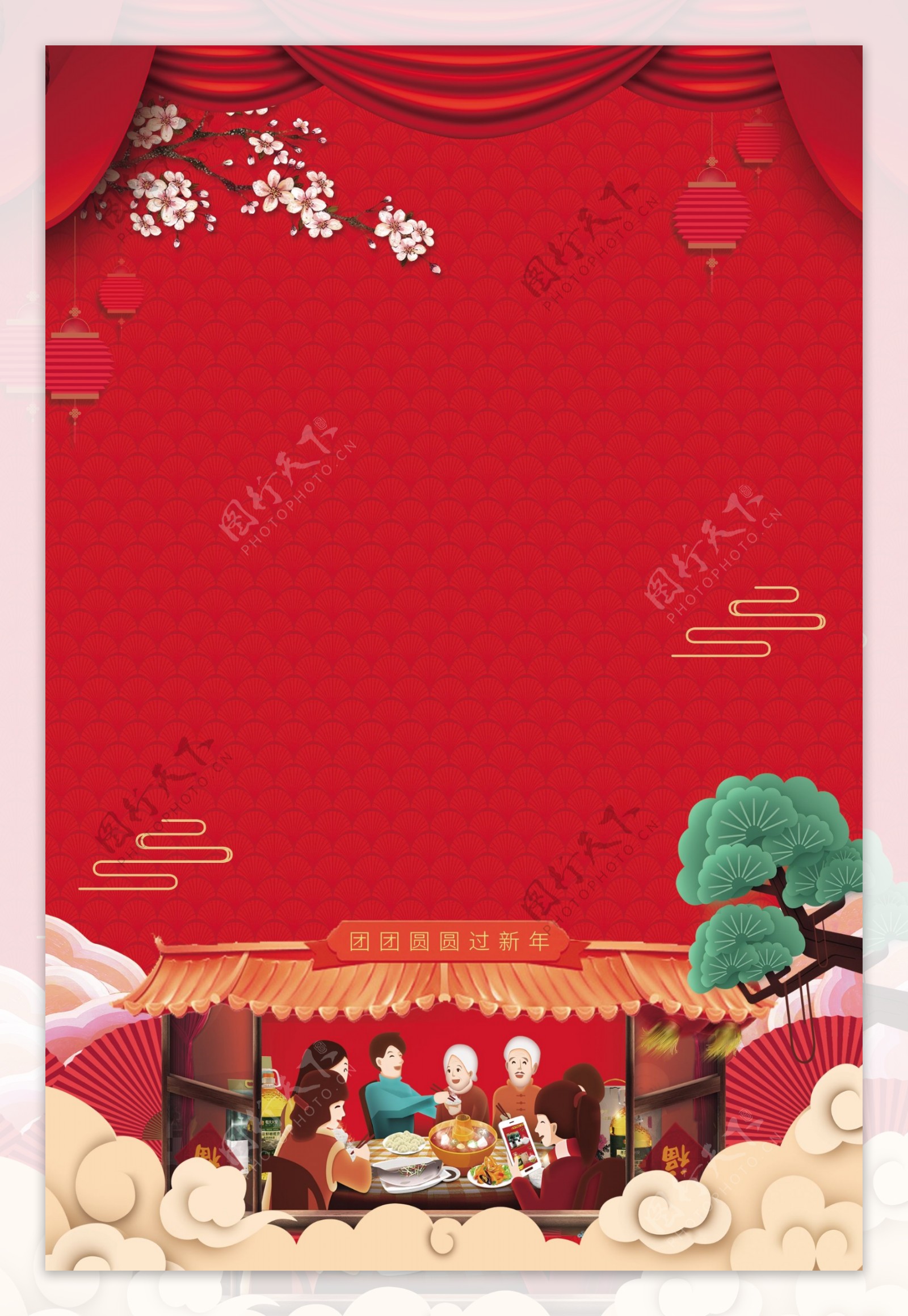 松树传统猪年新年大促广告背景图