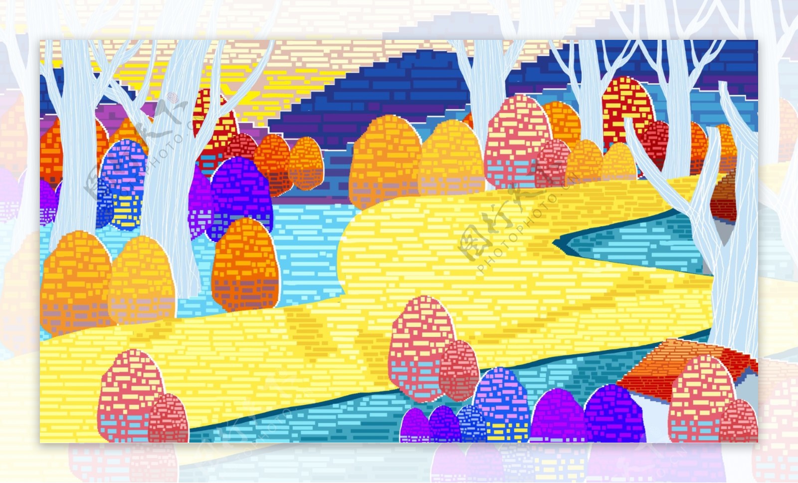 复古像素化彩绘森林小路背景设计