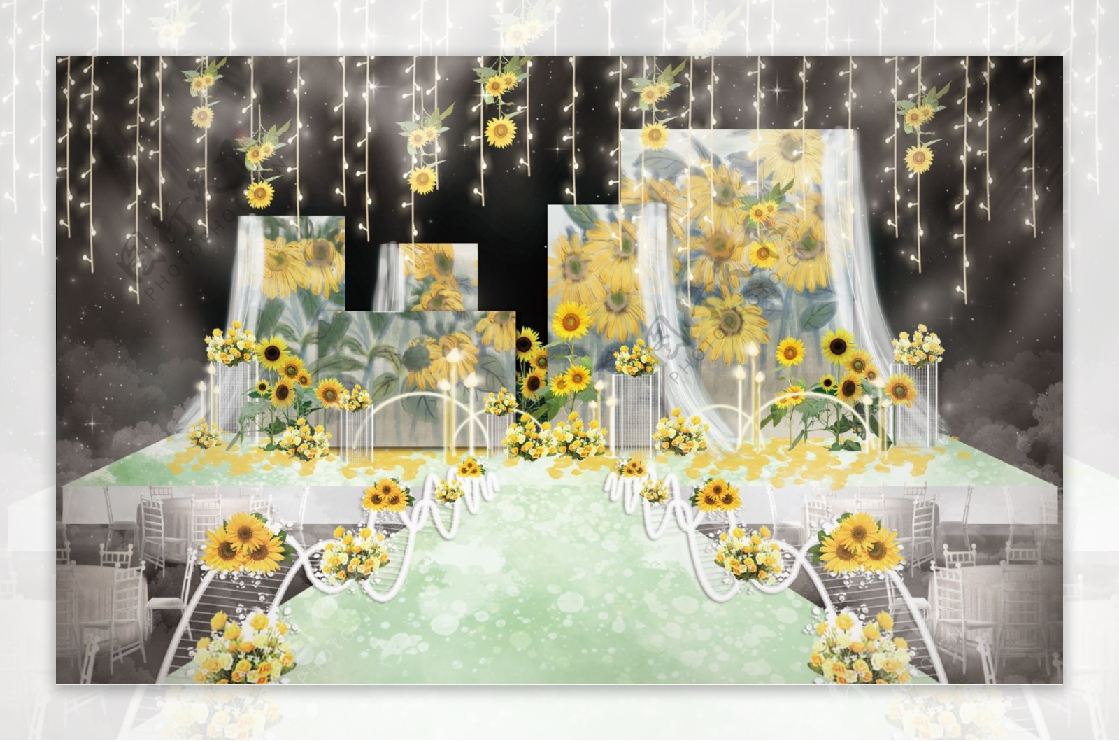 森系向日葵黄色婚礼舞台工装效果图