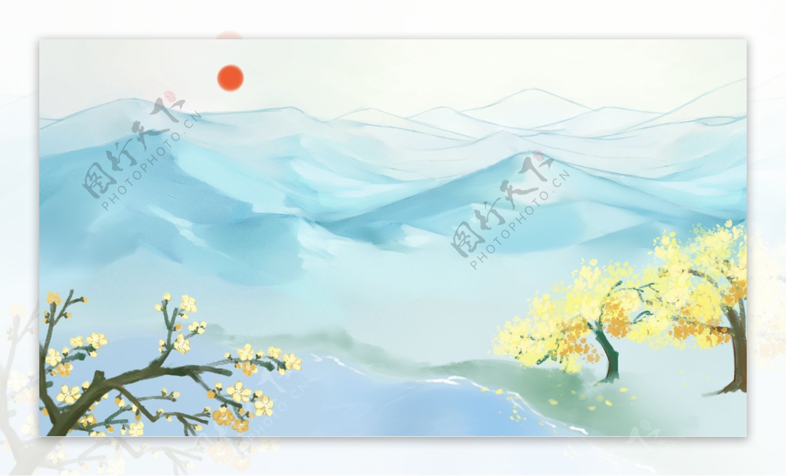 彩绘远山太阳桂花树背景素材
