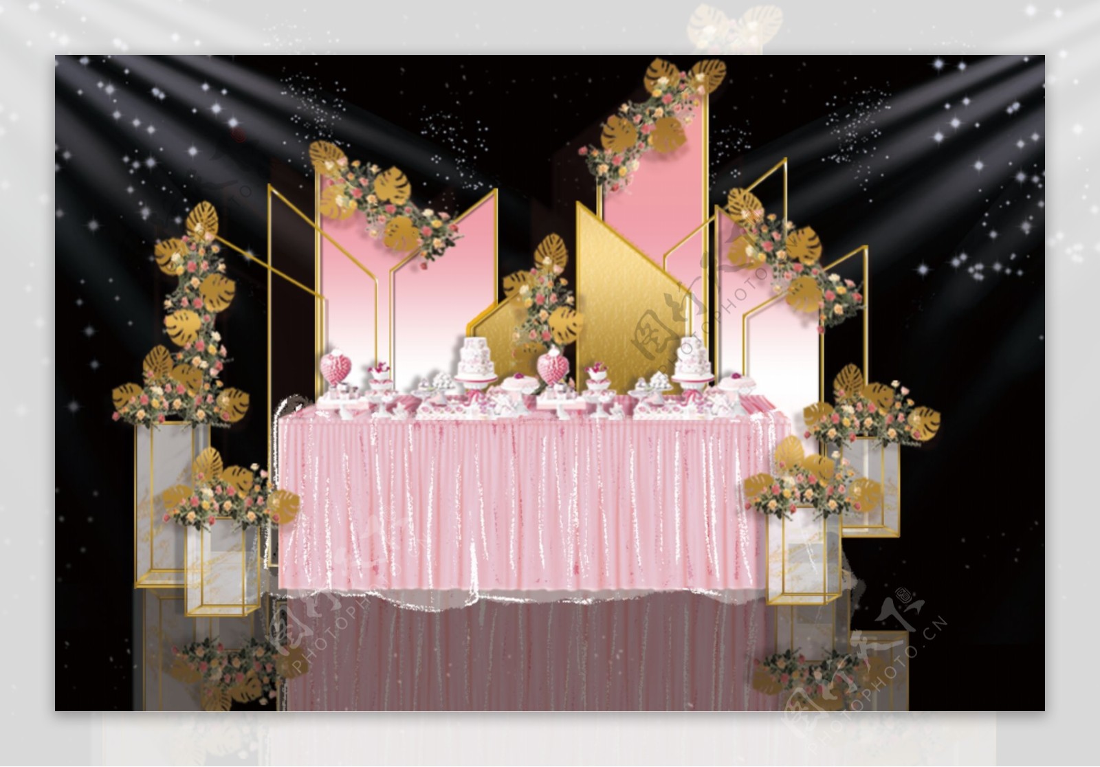 粉金色婚礼甜品区背景效果图