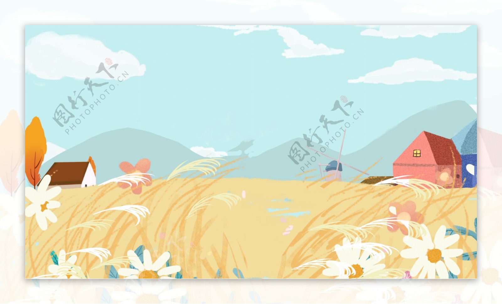 卡通可爱秋季麦田远山背景设计