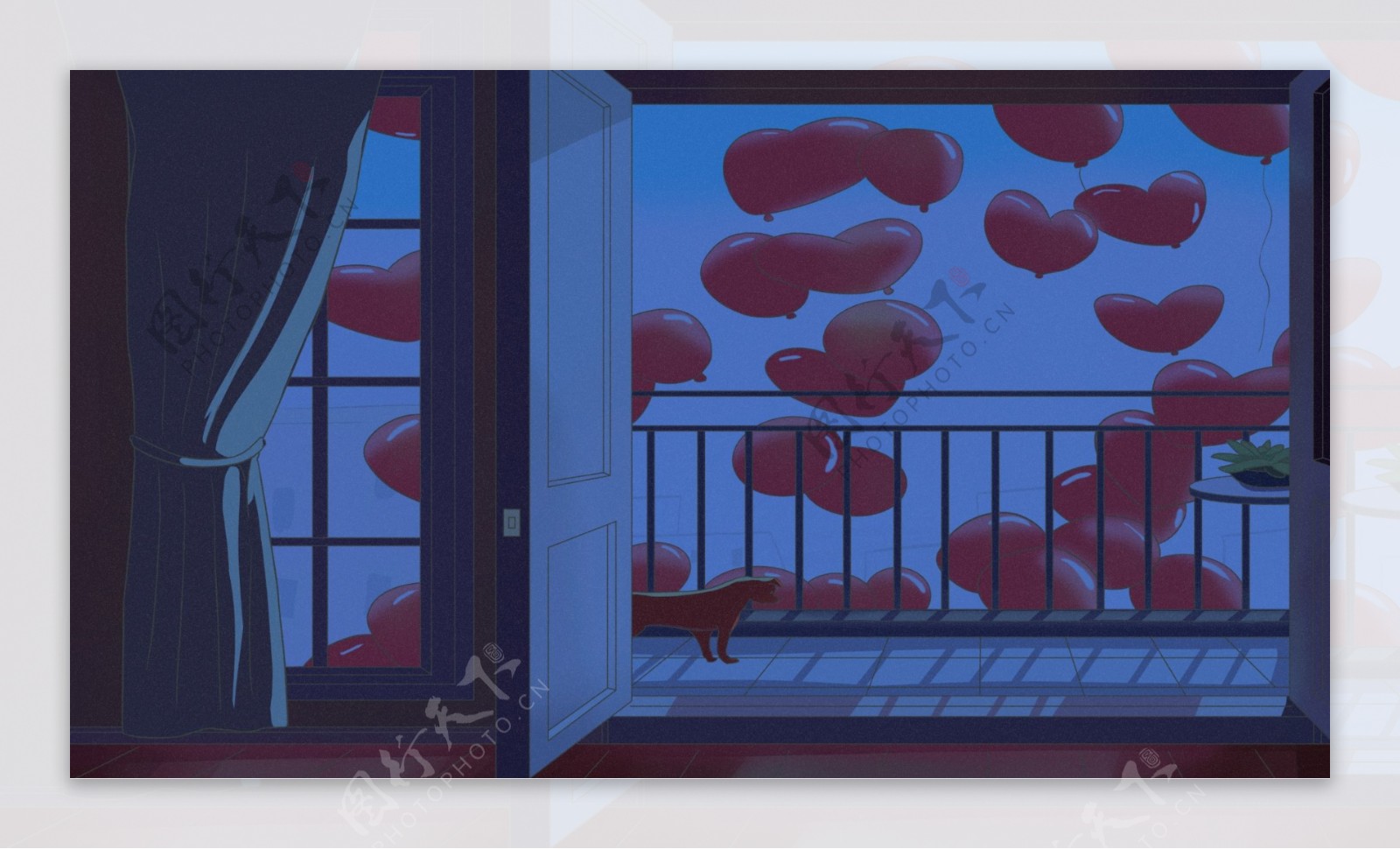 卡通手绘卧室外的爱心气球背景