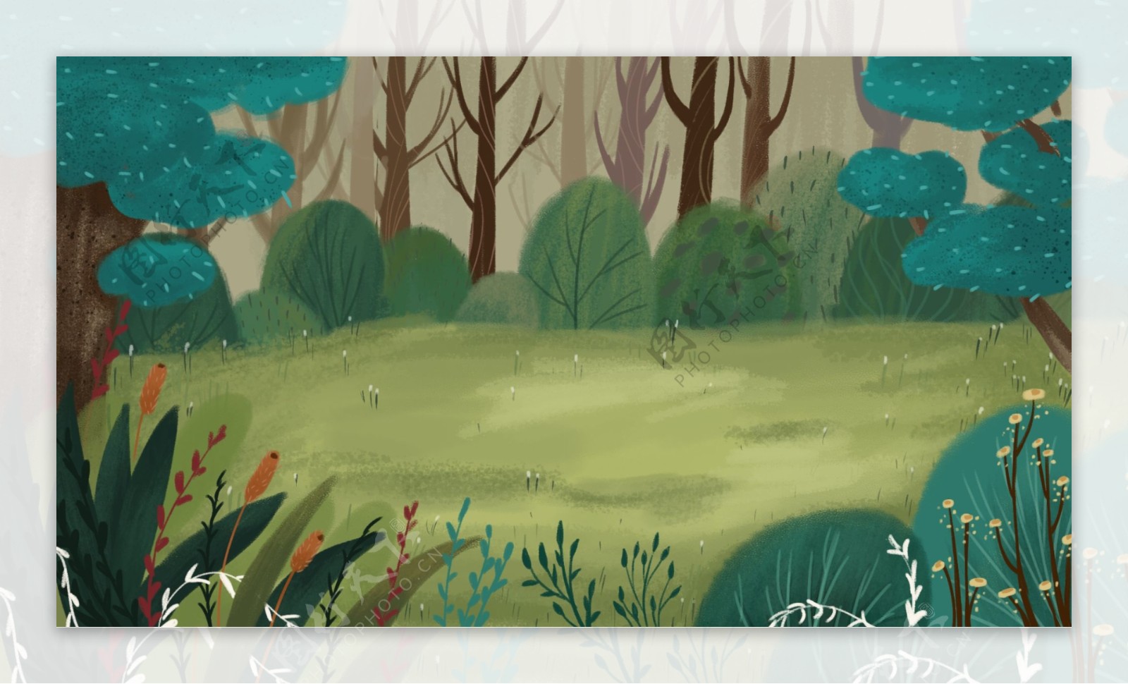 彩色手绘树林背景素材