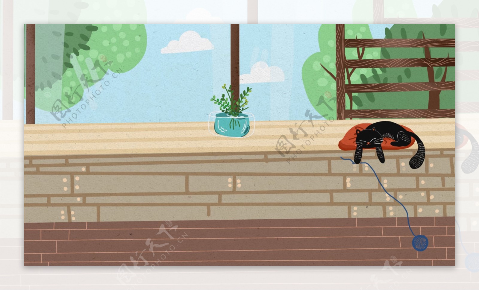 阳台上的猫咪卡通背景
