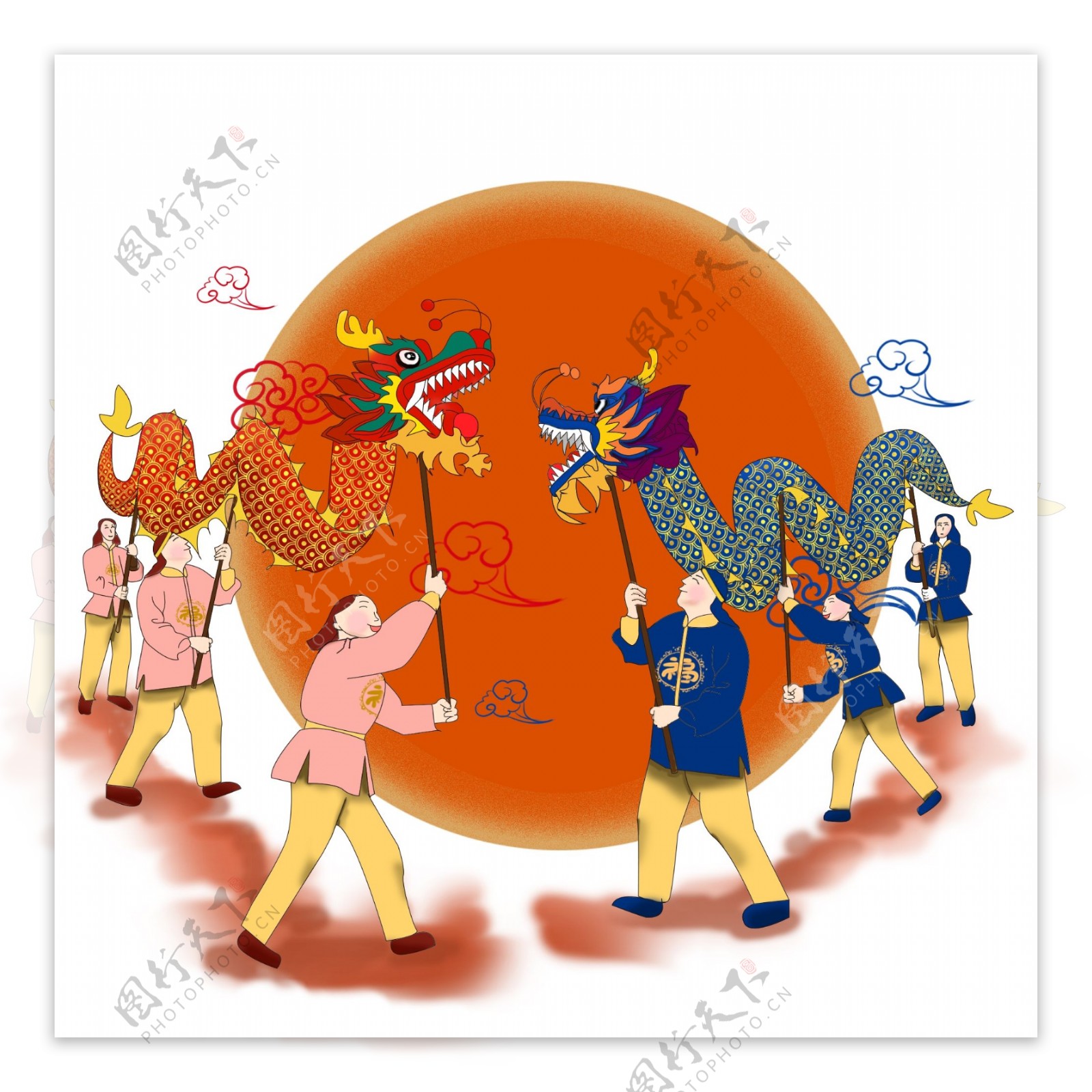 新年双龙戏珠中国风舞龙舞狮人物欢庆元素