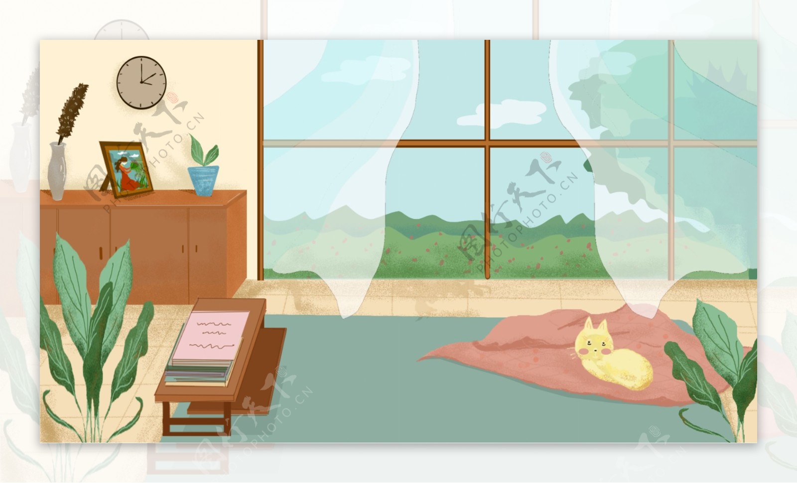房间窗户窗帘室内植物猫咪卡通背景