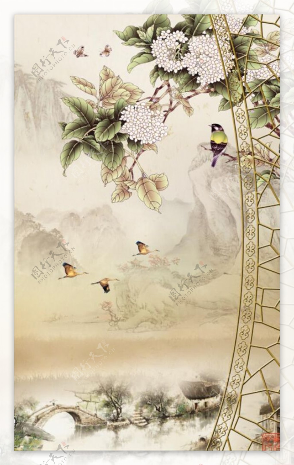 中式花框玄关屏风创意飞鸟水墨背